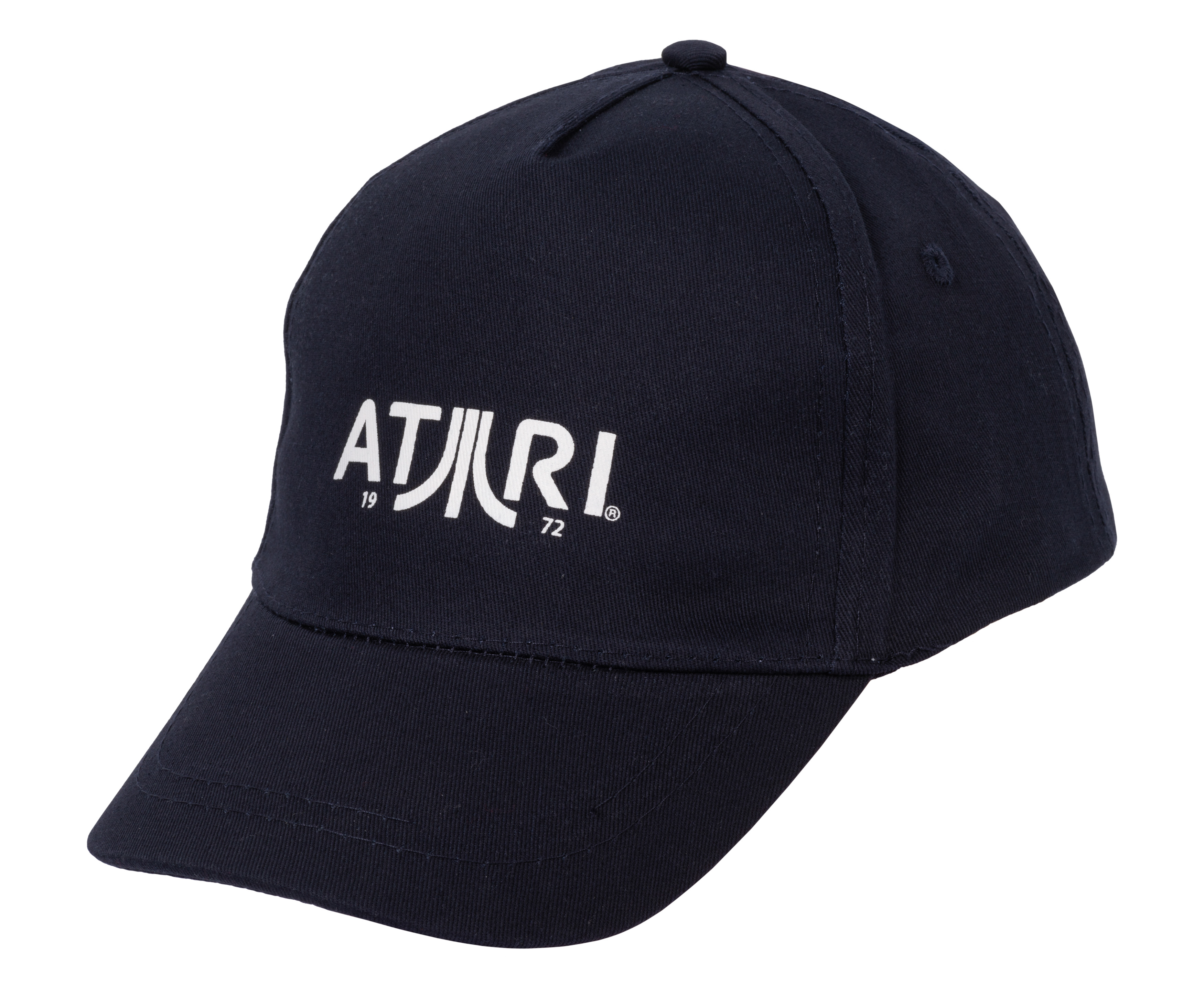Marineblaue Baseballkappe mit weißem Atari-Logo auf der Vorderseite.