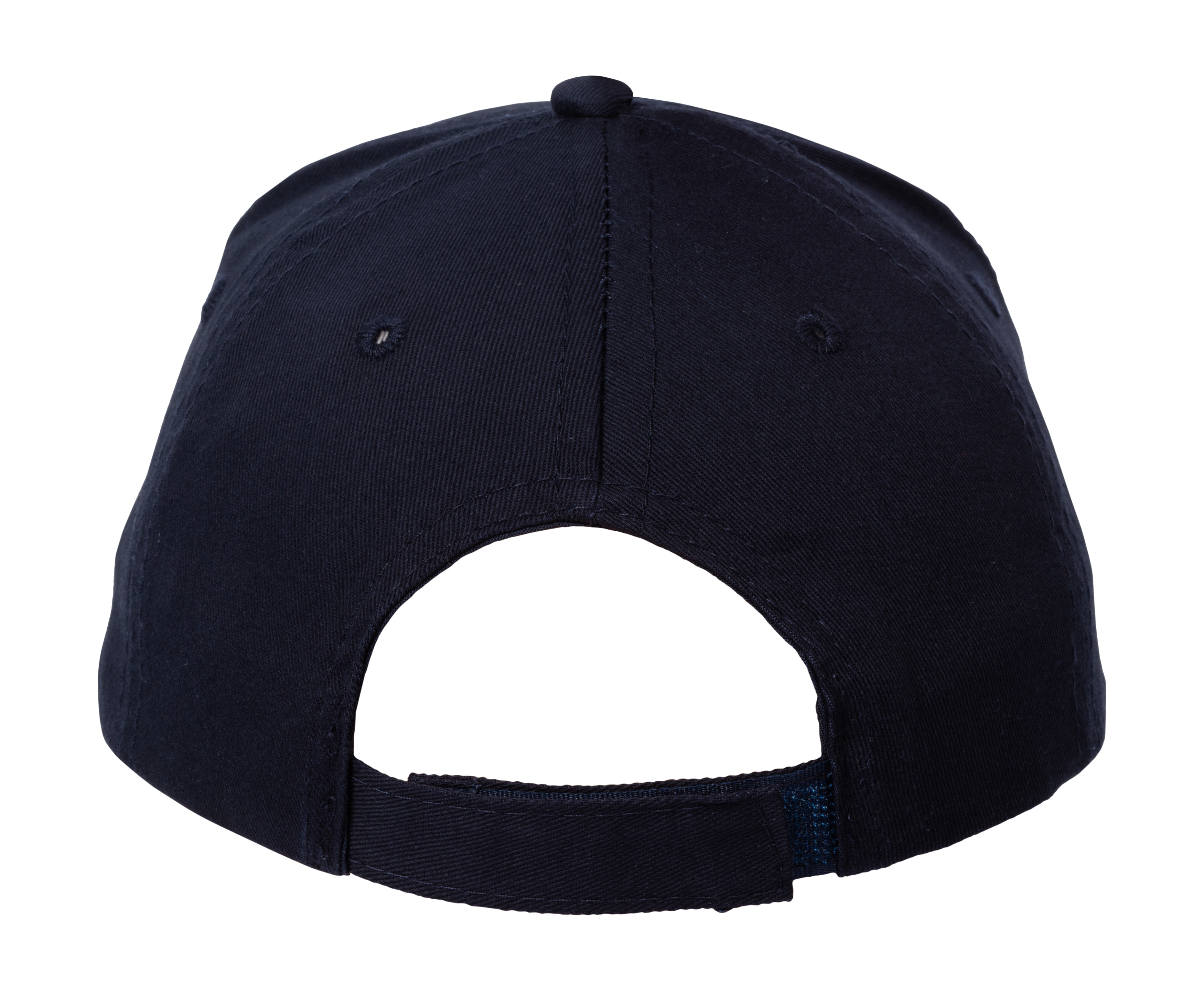 Rückansicht einer marineblauen Baseballkappe mit verstellbarem Riemen. Die Kappe ist schlicht.