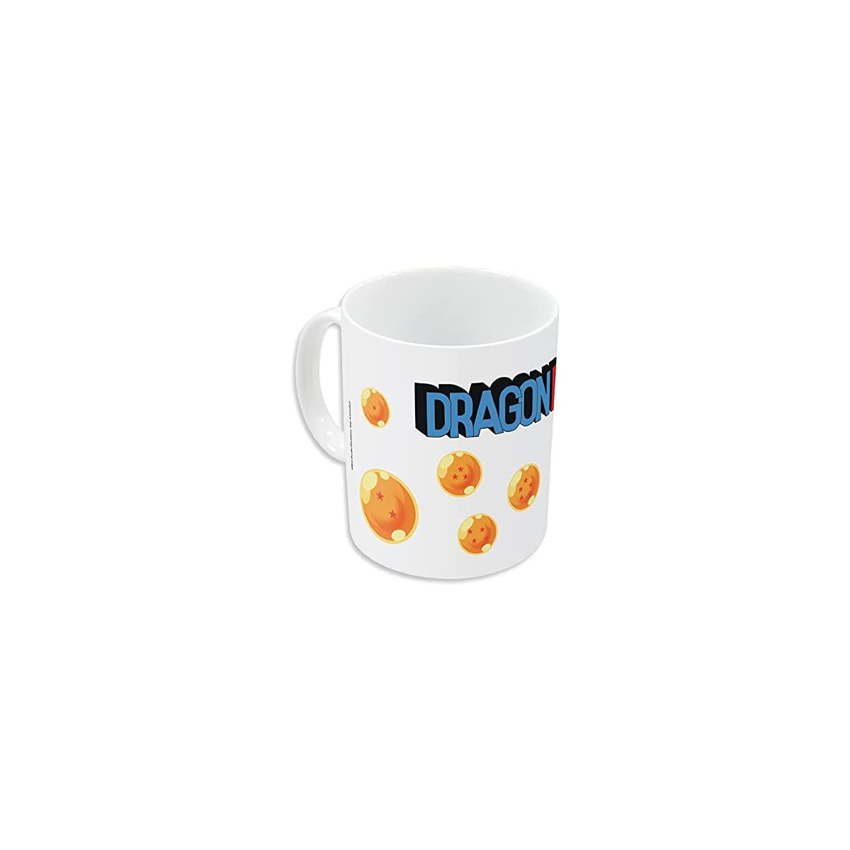Eine weiße Tasse mit dem Wort DRAGON und mehreren orangefarbenen und gelben Kugeln.