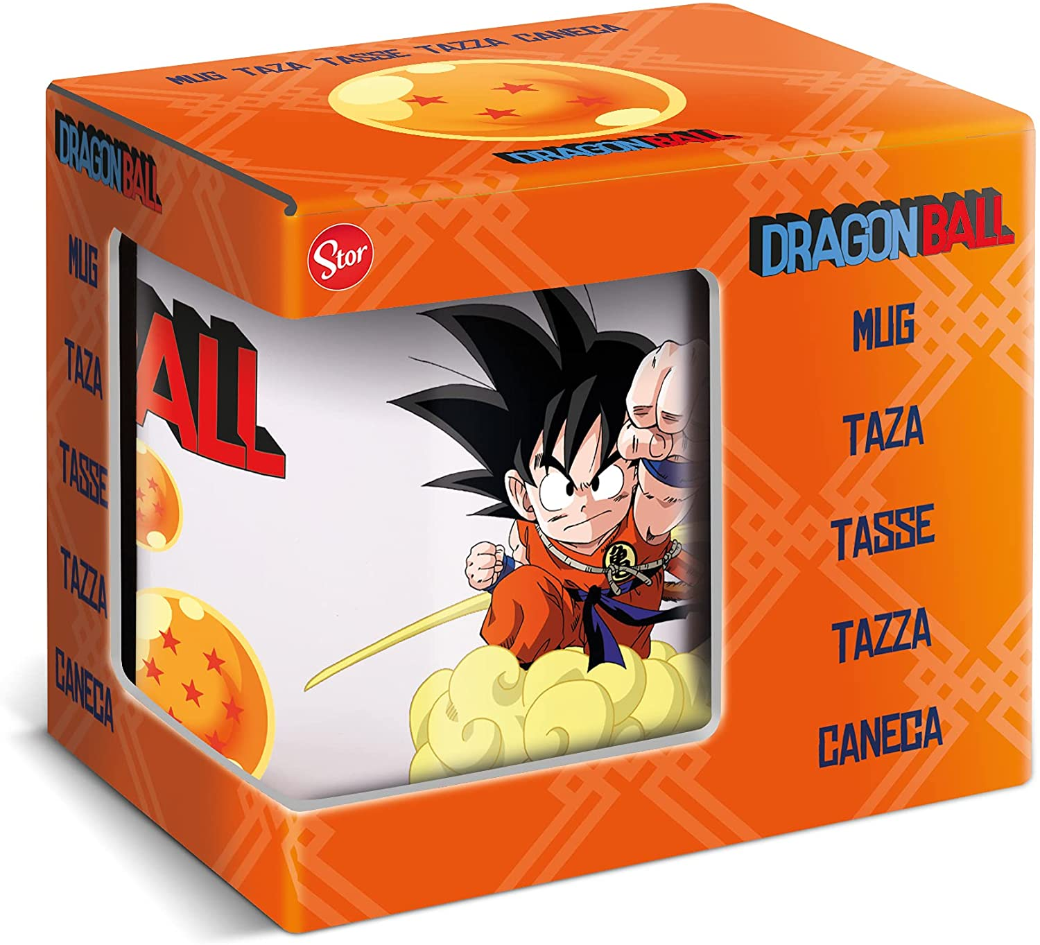 Ein Dragon Ball-Becher in seiner orangefarbenen Box. Goku ist auf dem Becher mit Dragon Balls.