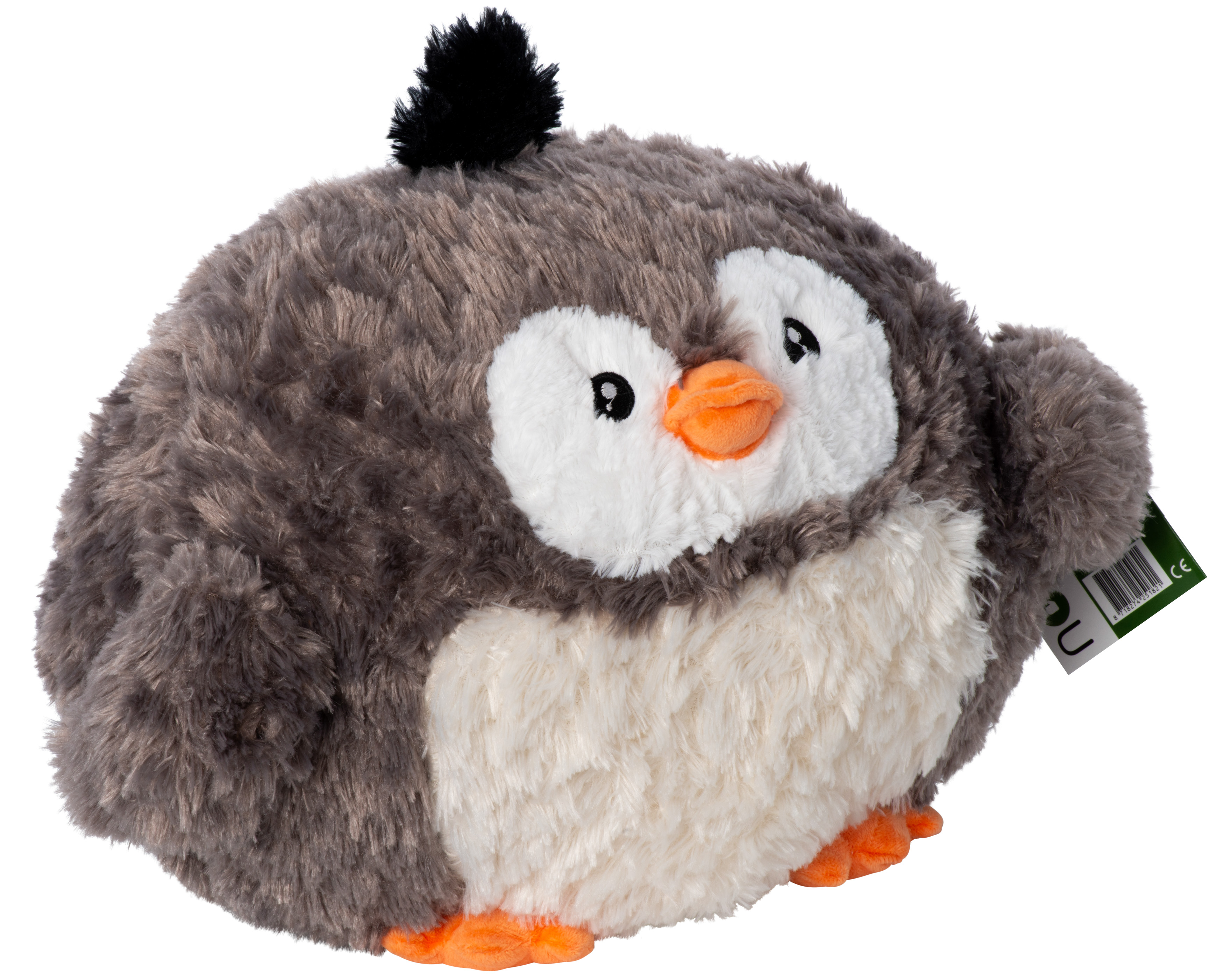 Ein Plüschpinguin-Spielzeug mit grauem und weißem Fell, orangefarbenen Füßen und Schnabel.