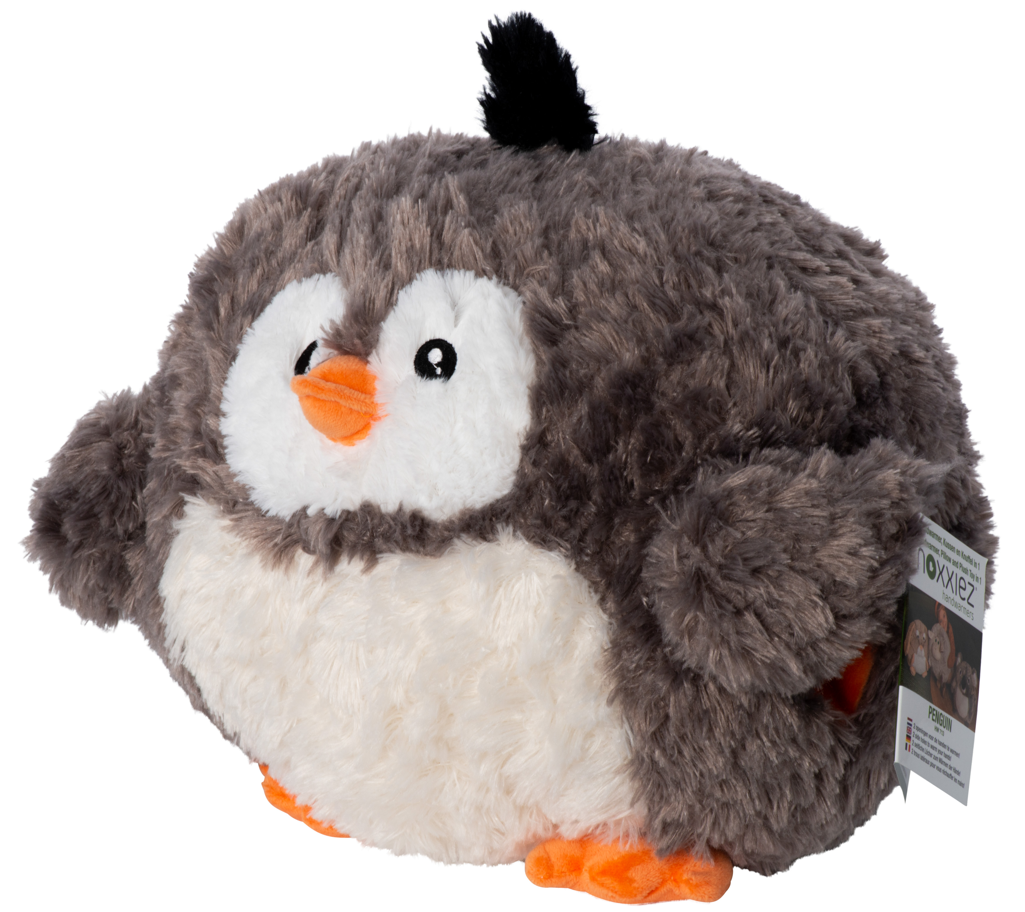 Ein Stoffpinguin-Spielzeug mit grauem und weißem Fell, orangefarbenem Schnabel und Füßen.