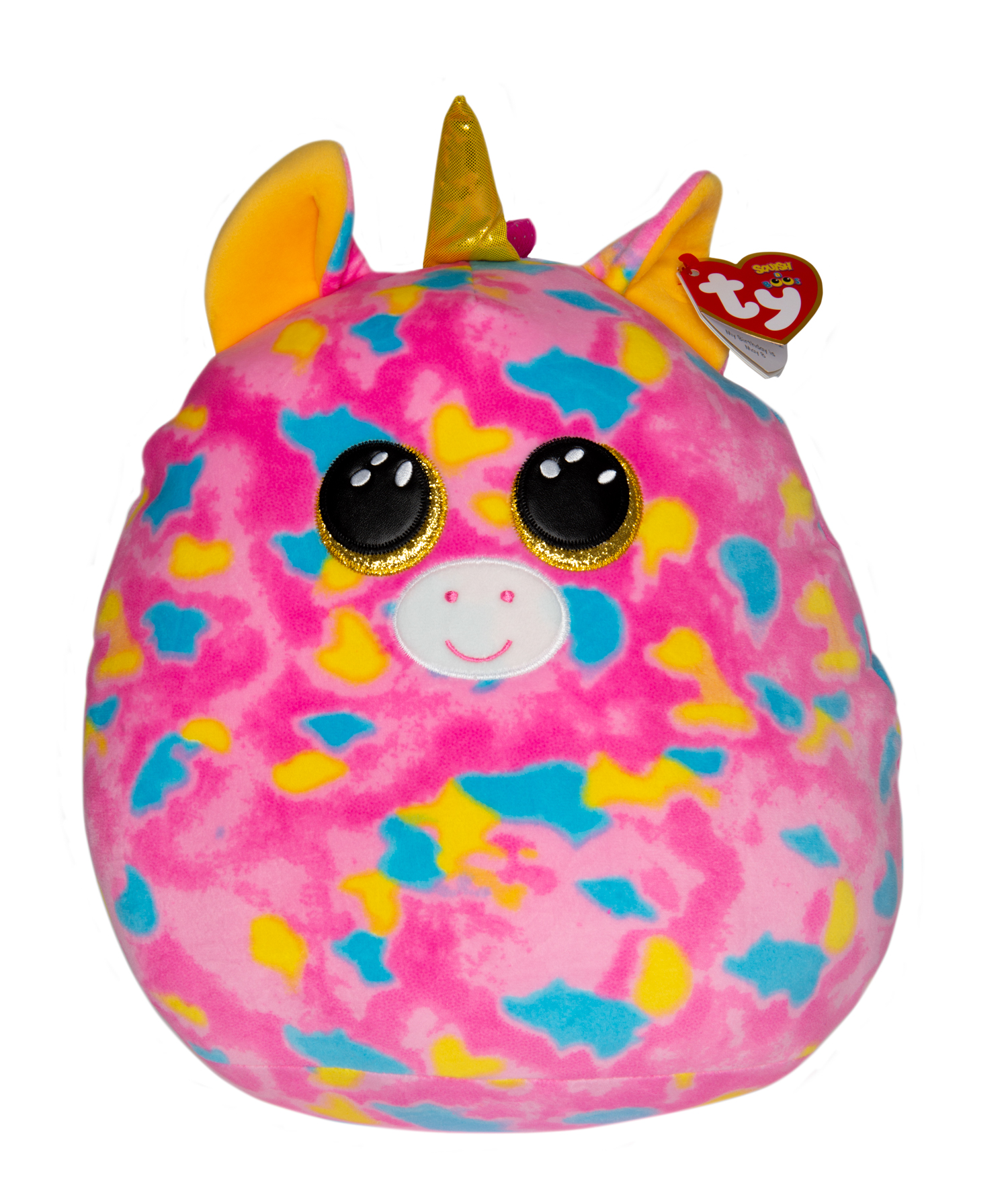 Ein rosa Plüsch-Einhorn mit bunten Flecken und einem goldenen Horn.