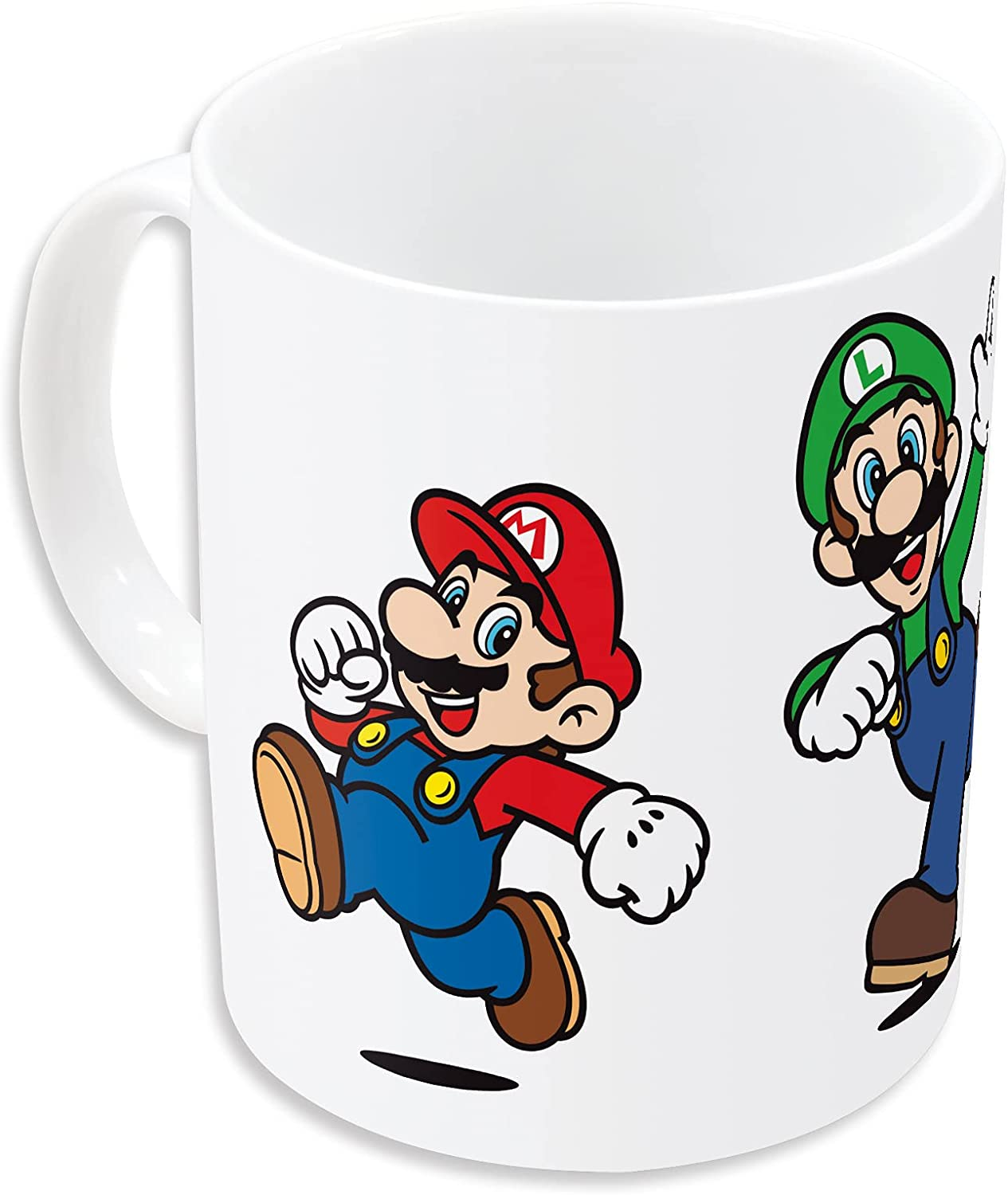 Eine weiße Tasse mit Bildern von Mario und Luigi aus der Super Mario-Serie.