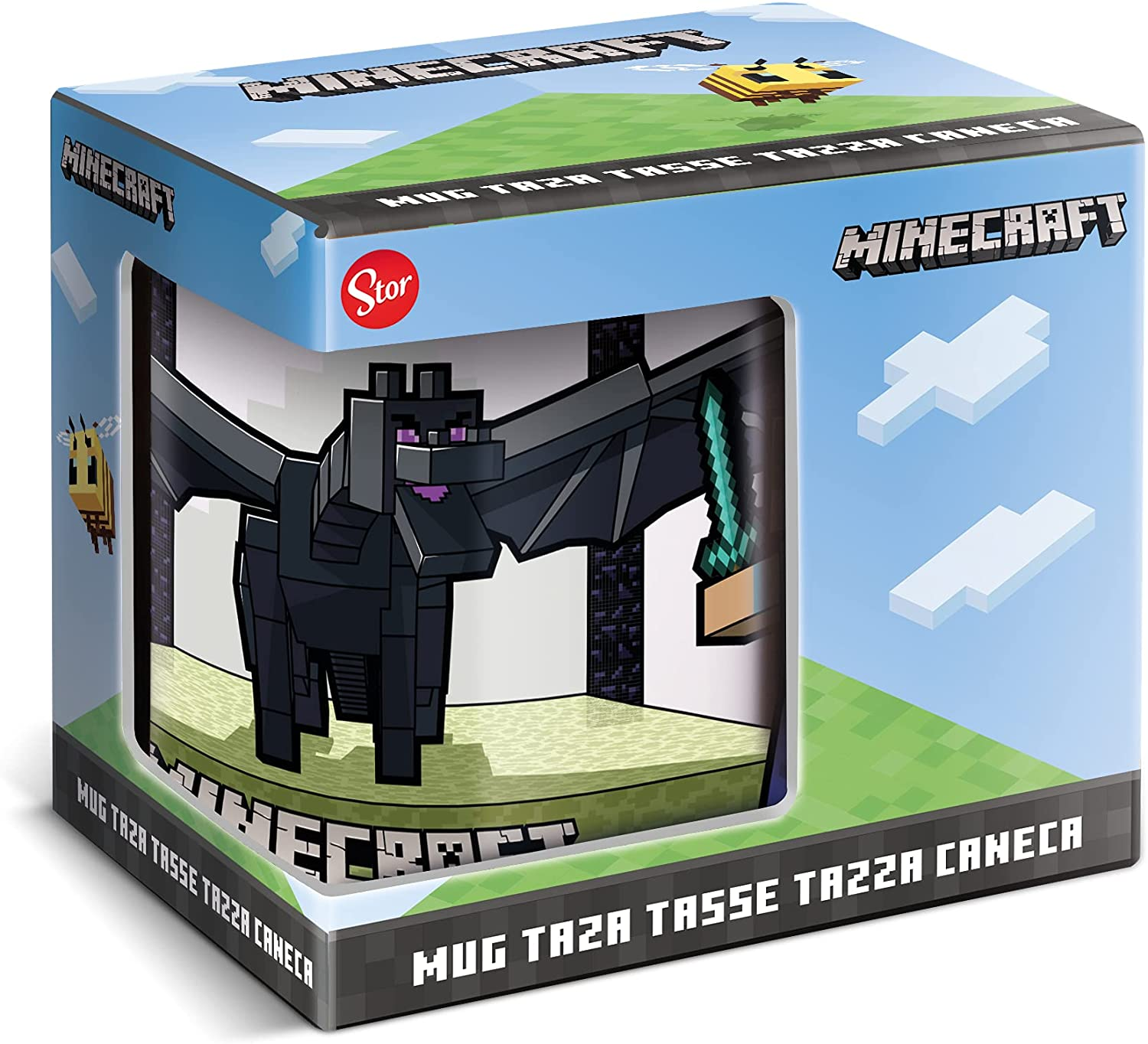 Eine Minecraft-Tasse wird in ihrer Box gezeigt. Die Tasse zeigt einen Drachen und das Minecraft-Logo.