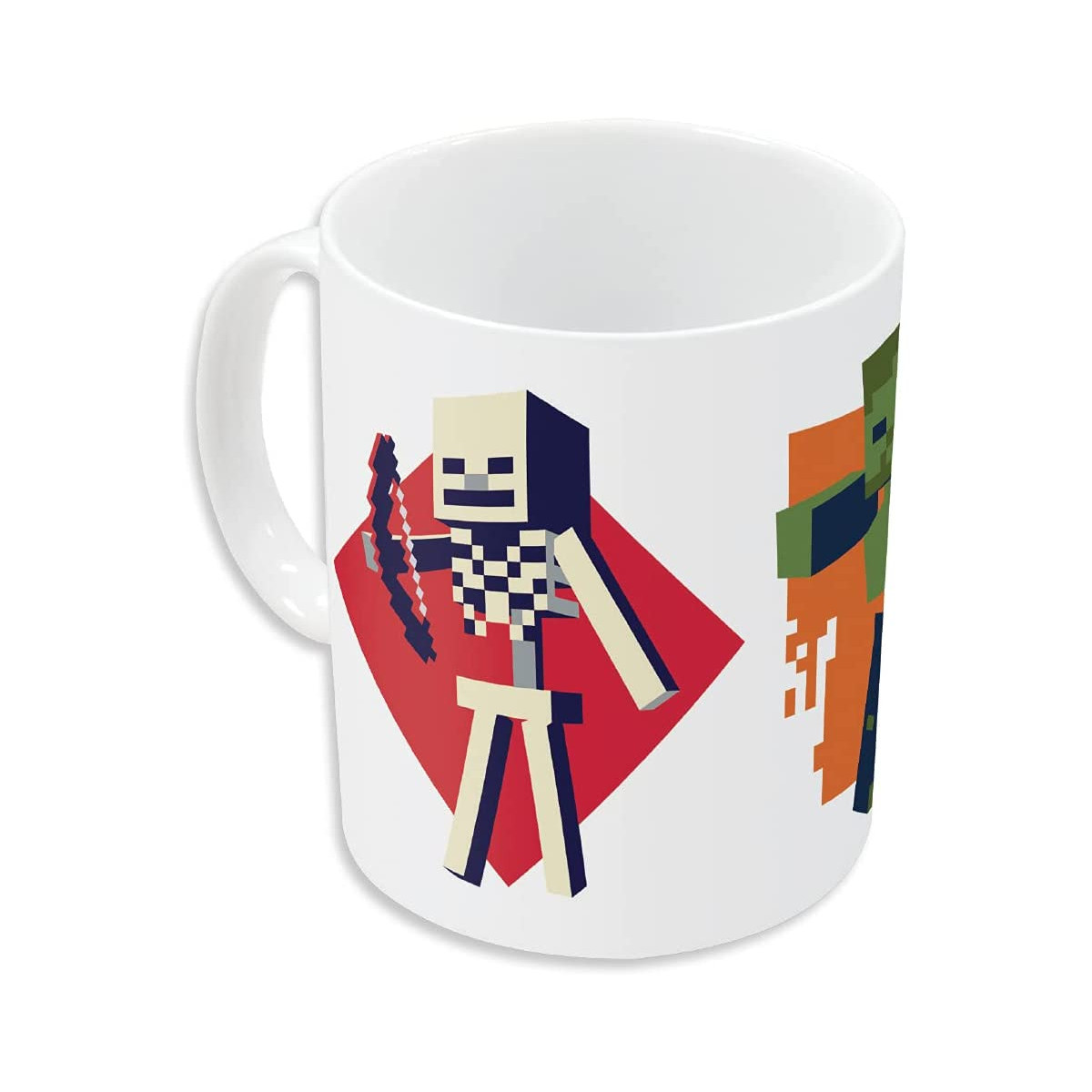 Weißer Becher mit pixeligen Minecraft-Charakteren: Skelett mit Bogen, Zombie mit Axt.