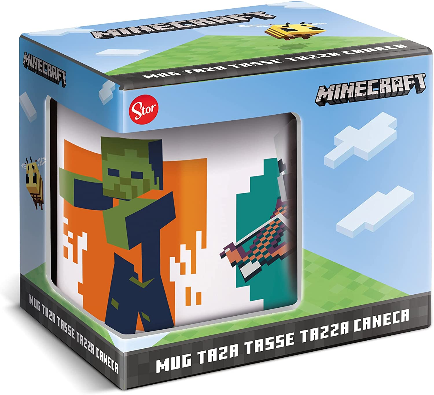 Eine Minecraft-Tasse in einer Box, mit einem Zombie- und Creeper-Bild auf der Tasse.