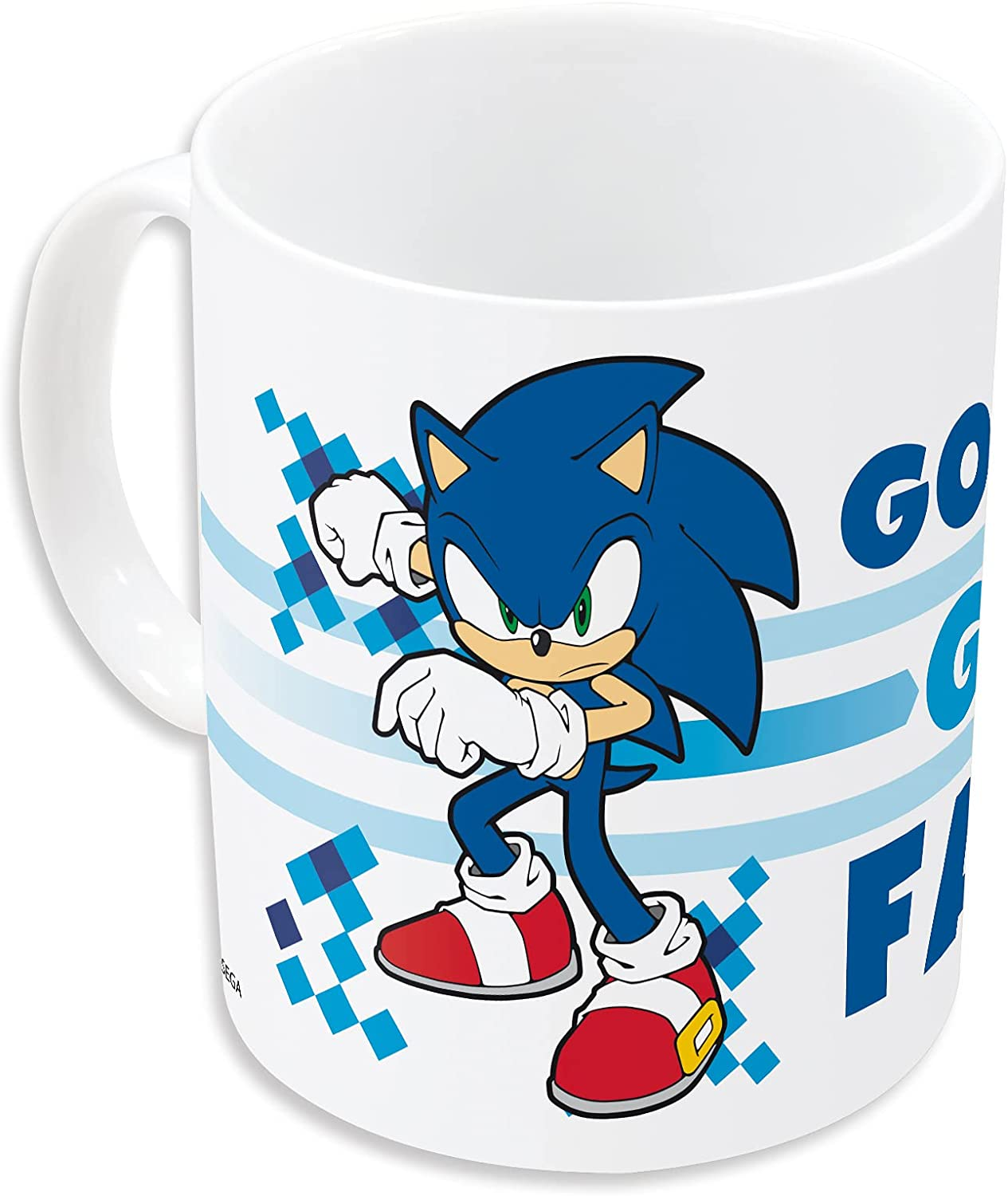 Tasse mit Sonic the Hedgehog darauf, weißer Hintergrund mit blauen Linien und Text.