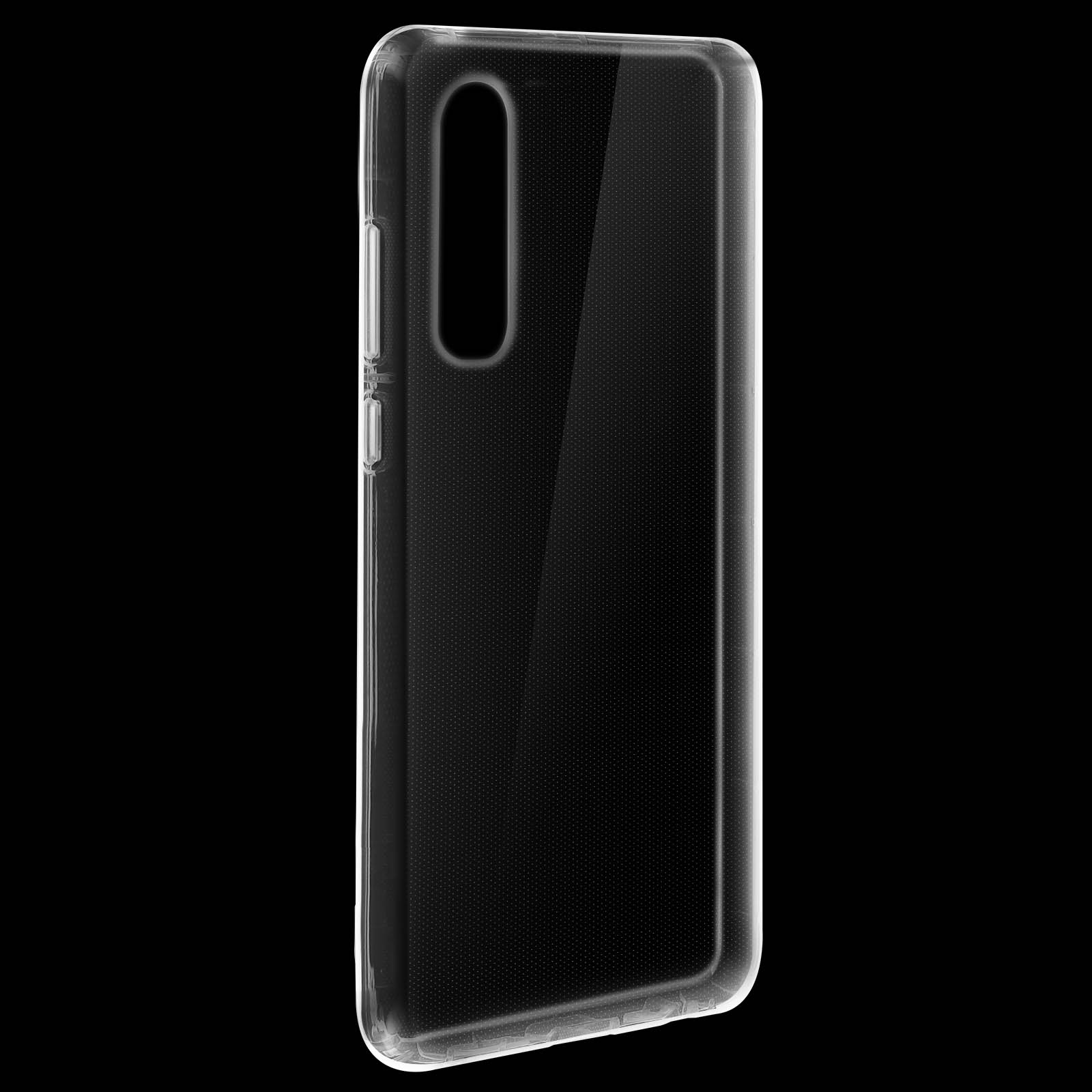 Una custodia trasparente per telefono, che mostra un contorno del telefono e un ritaglio della fotocamera su sfondo nero.