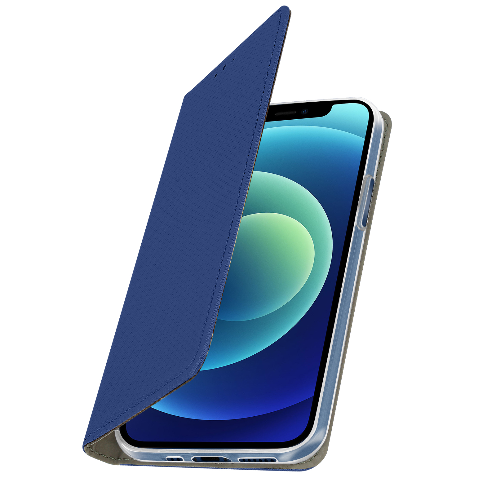 Een blauwe telefoonhoes met een telefoon erin. De telefoon toont een afbeelding.