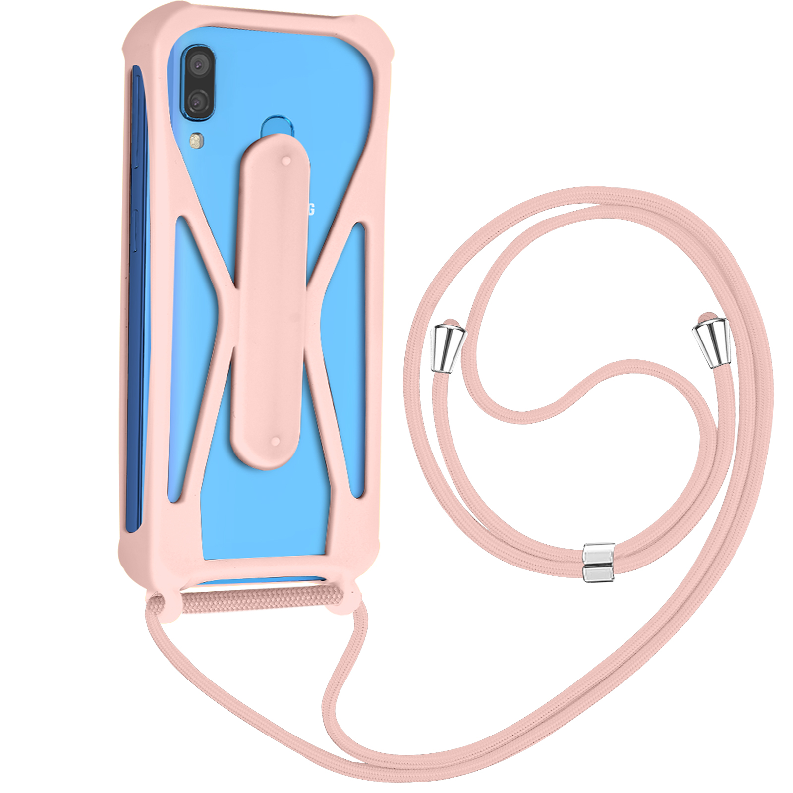 Roze telefoonhoesje met een koord, met een blauwe telefoon. De hoes heeft een X-ontwerp.