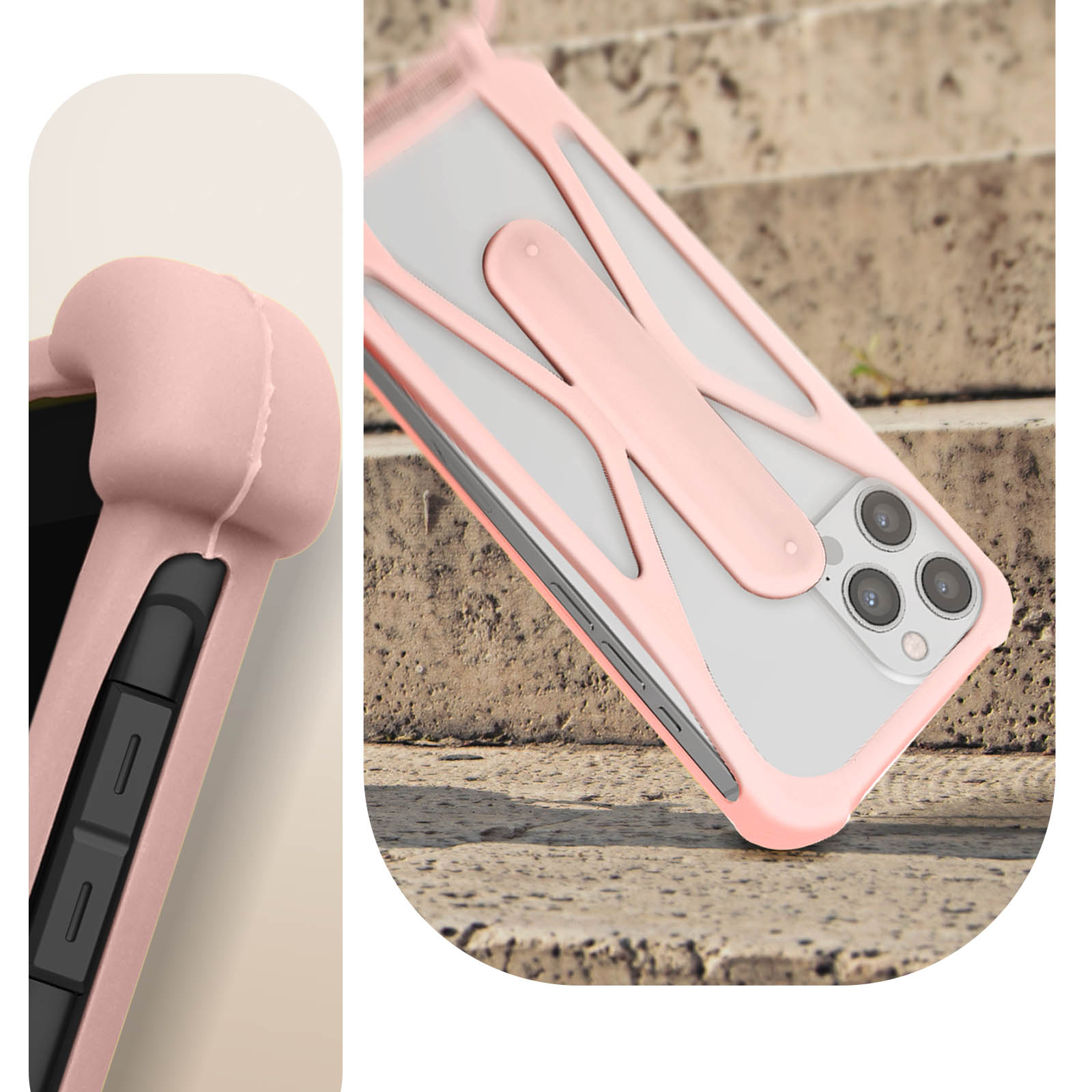 Afbeelding in twee delen van een telefoonhoesje. Roze hoesje met telefoon erin, met een bandje en knoopdetails.