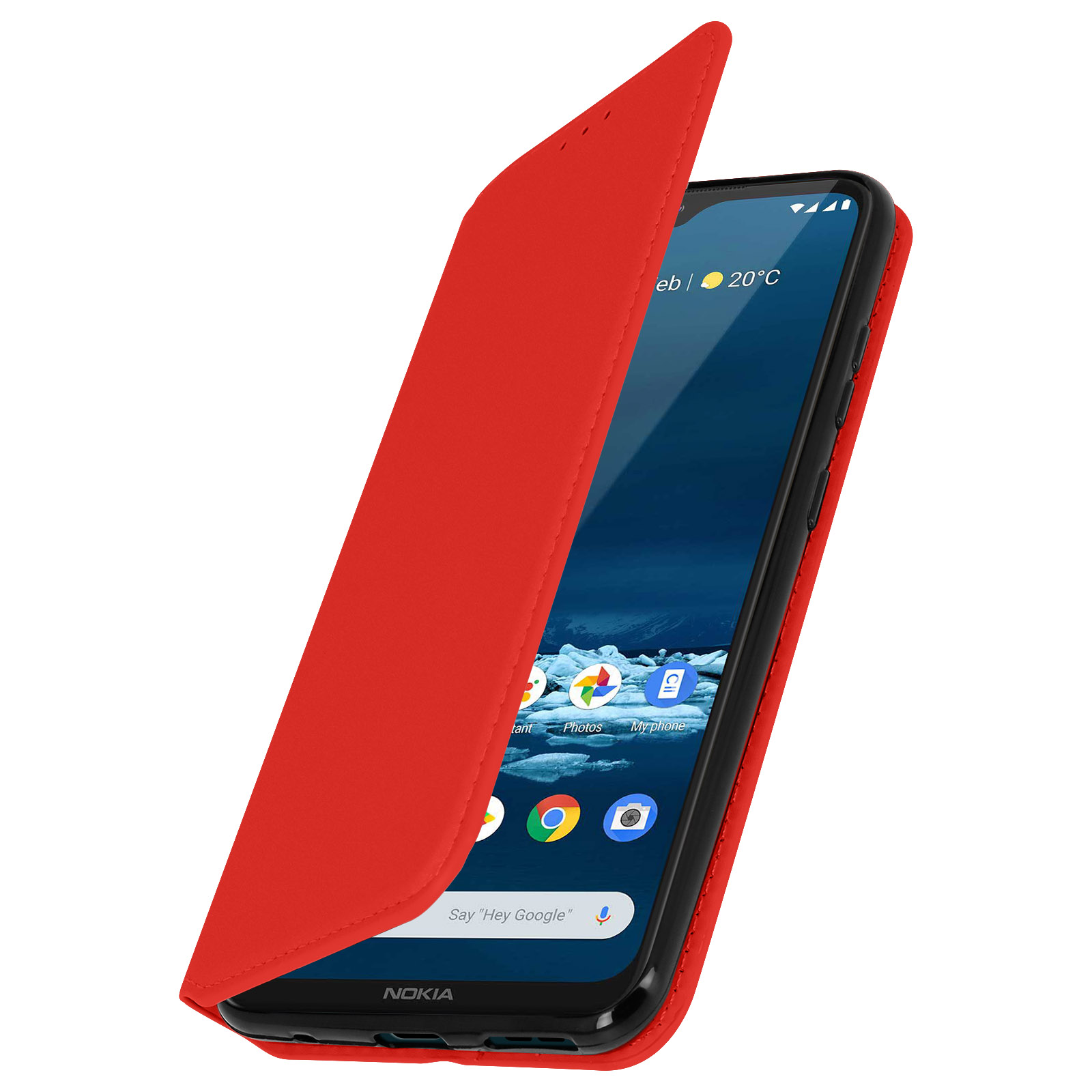 Custodia rossa aperta per rivelare un telefono nero con schermo acceso.