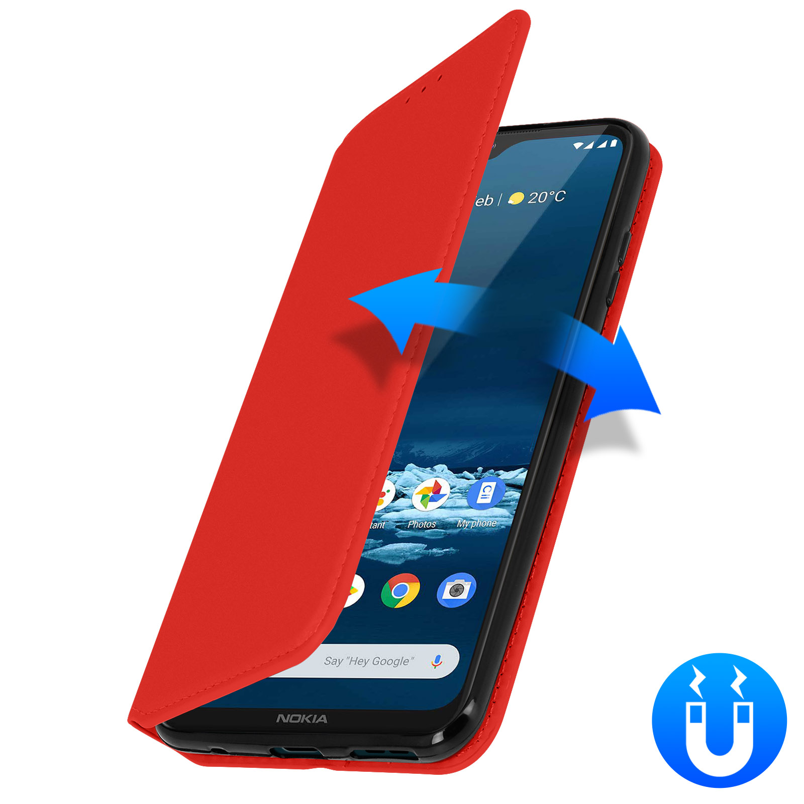 Una custodia per telefono rossa con un telefono che mostra un'interfaccia e un simbolo magnetico blu.