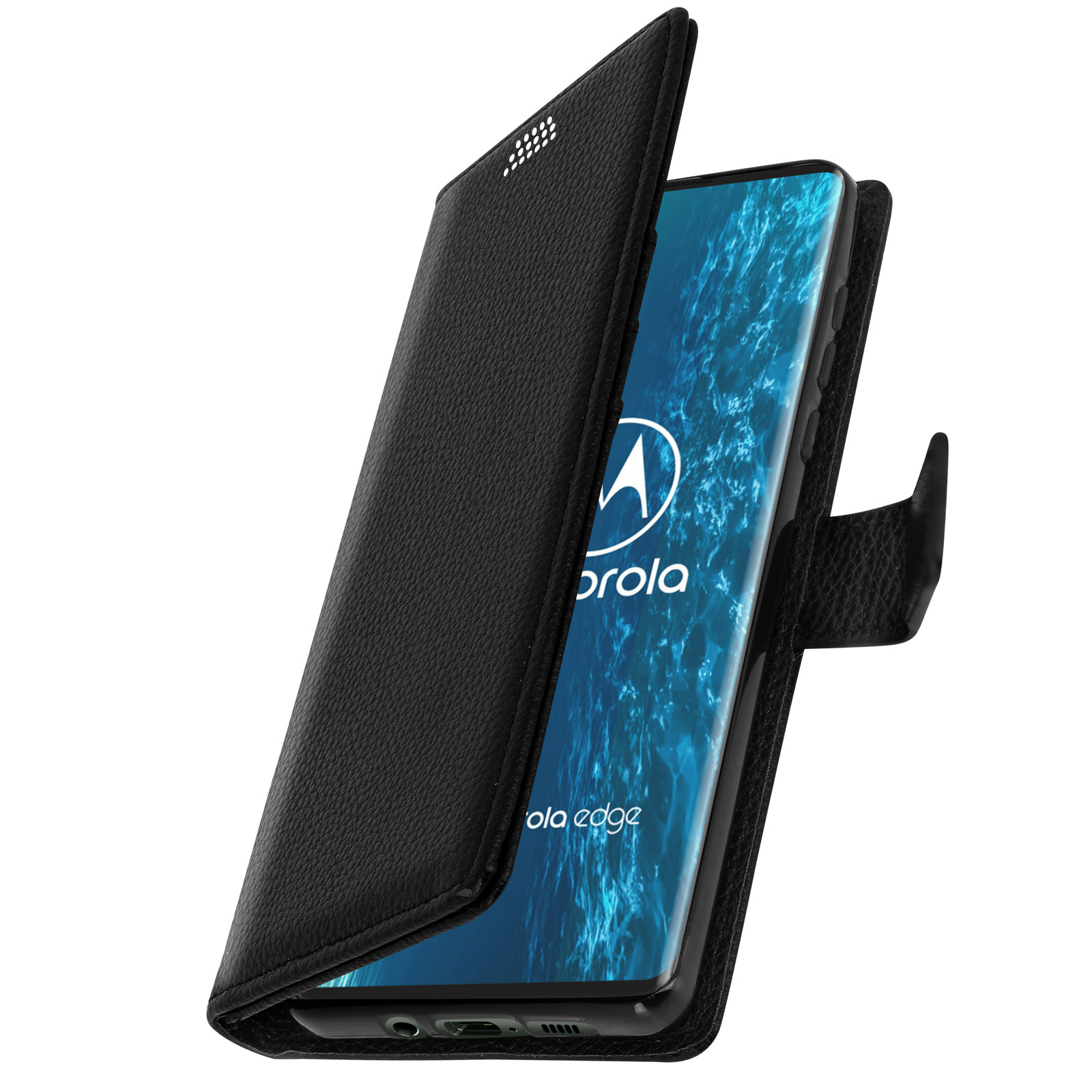 Custodia nera per telefono con un telefono Motorola all'interno. Custodia aperta, che rivela lo schermo.