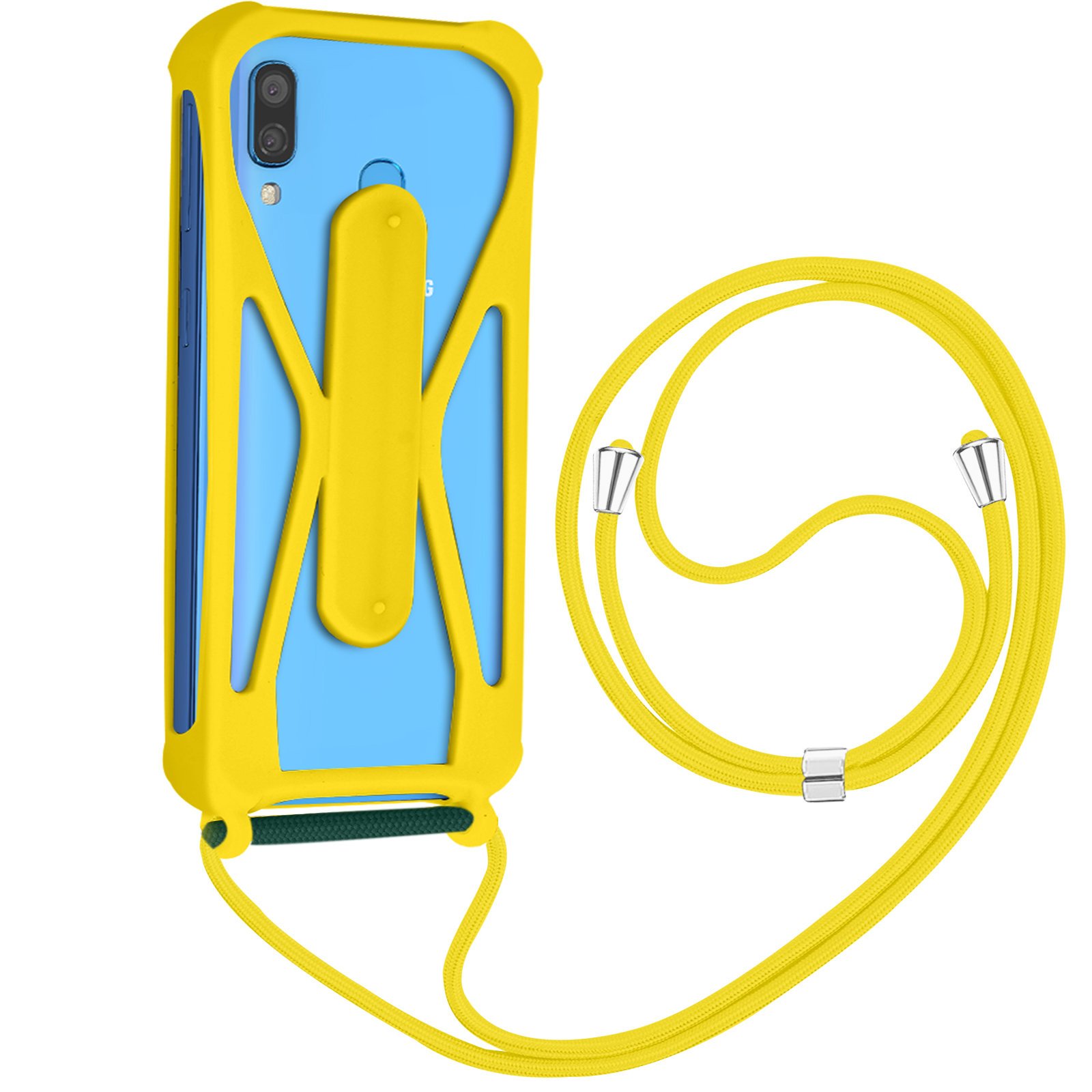 Gele telefoonhoes met een koord. Blauwe telefoon zit in de hoes.