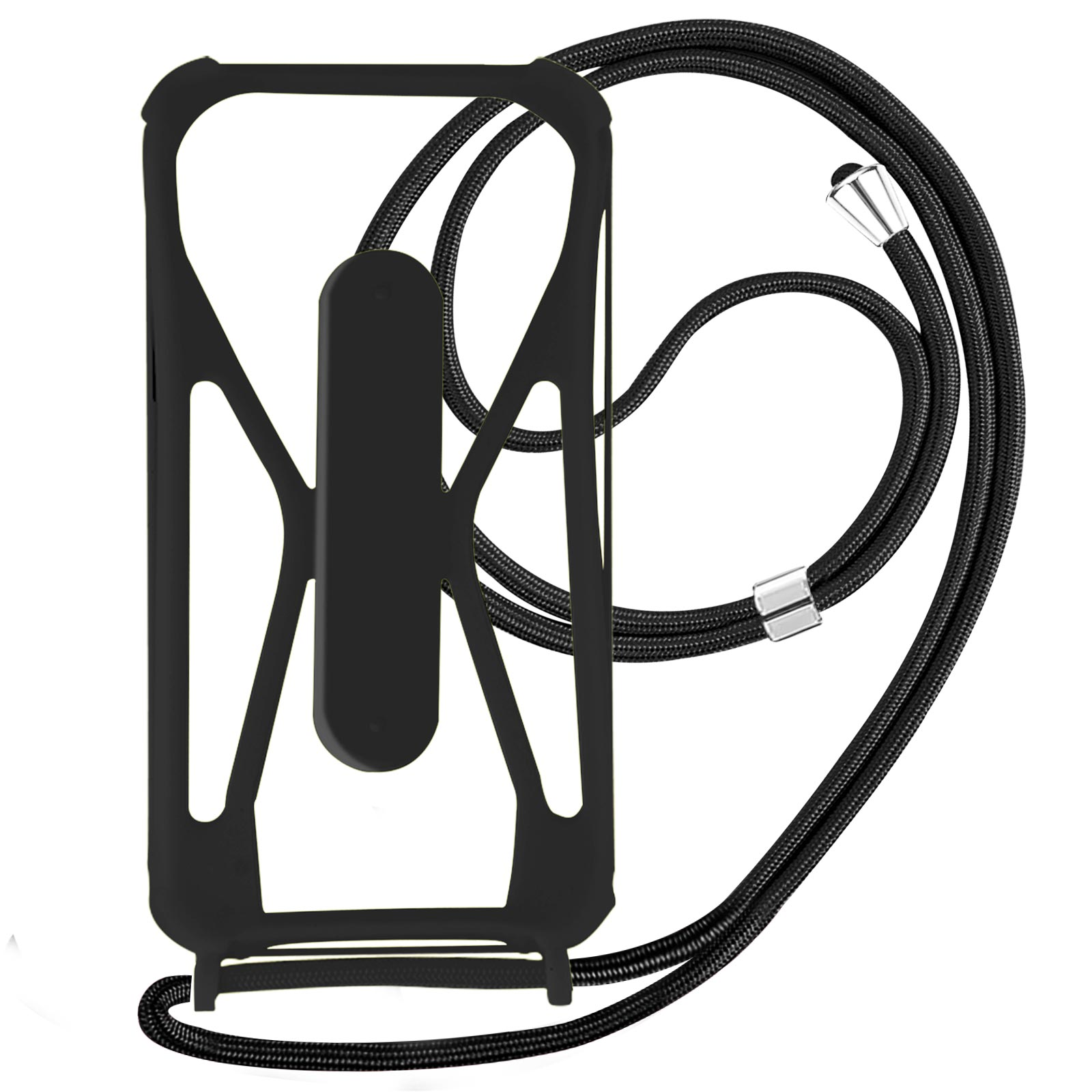 Een zwarte telefoonhoes met een riem. De hoes heeft een eenvoudig ontwerp met een kruisachtige structuur.