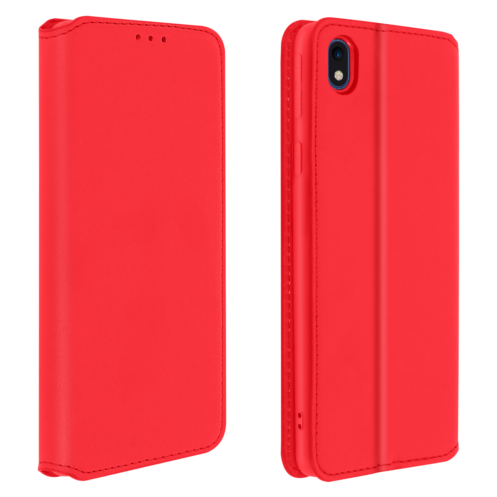 Custodia per telefono rossa aperta e chiusa, che mostra lo schermo e l'interno, su sfondo bianco.