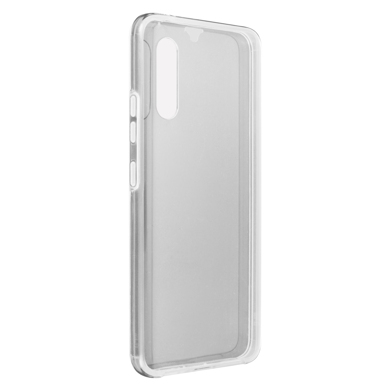 Una custodia trasparente per telefono. Ha un design sottile e copre la parte posteriore e i lati del telefono.