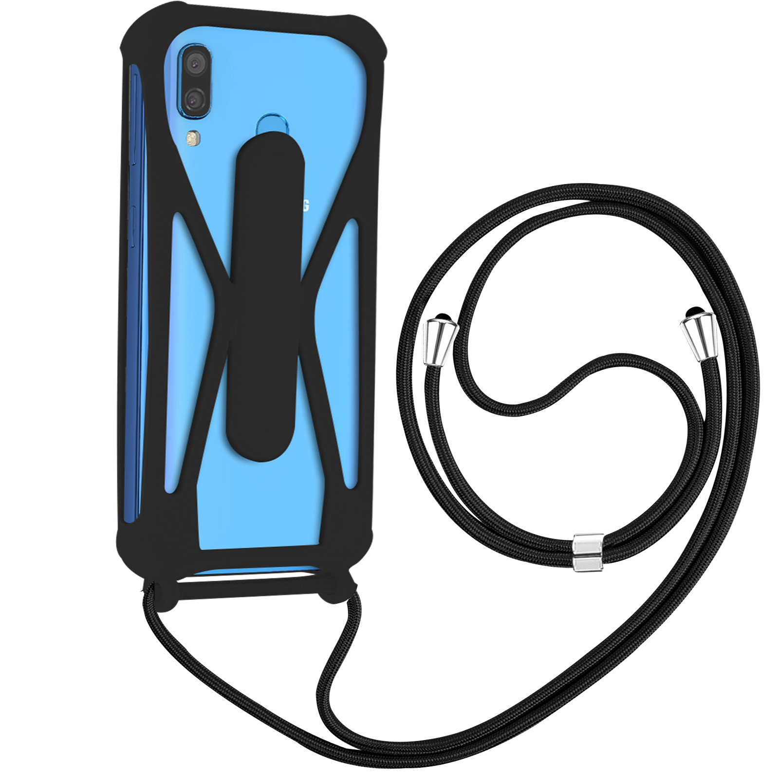 Zwarte telefoonhoes met koord. Telefoon in blauwe hoes. Het koord heeft metalen accenten.