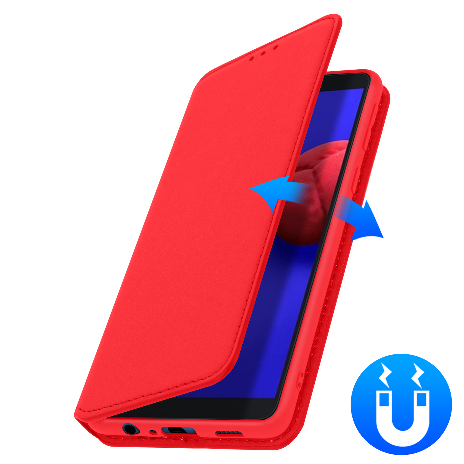 Una custodia rossa per telefono con coperchio aperto, schermo blu. Simbolo magnetico.