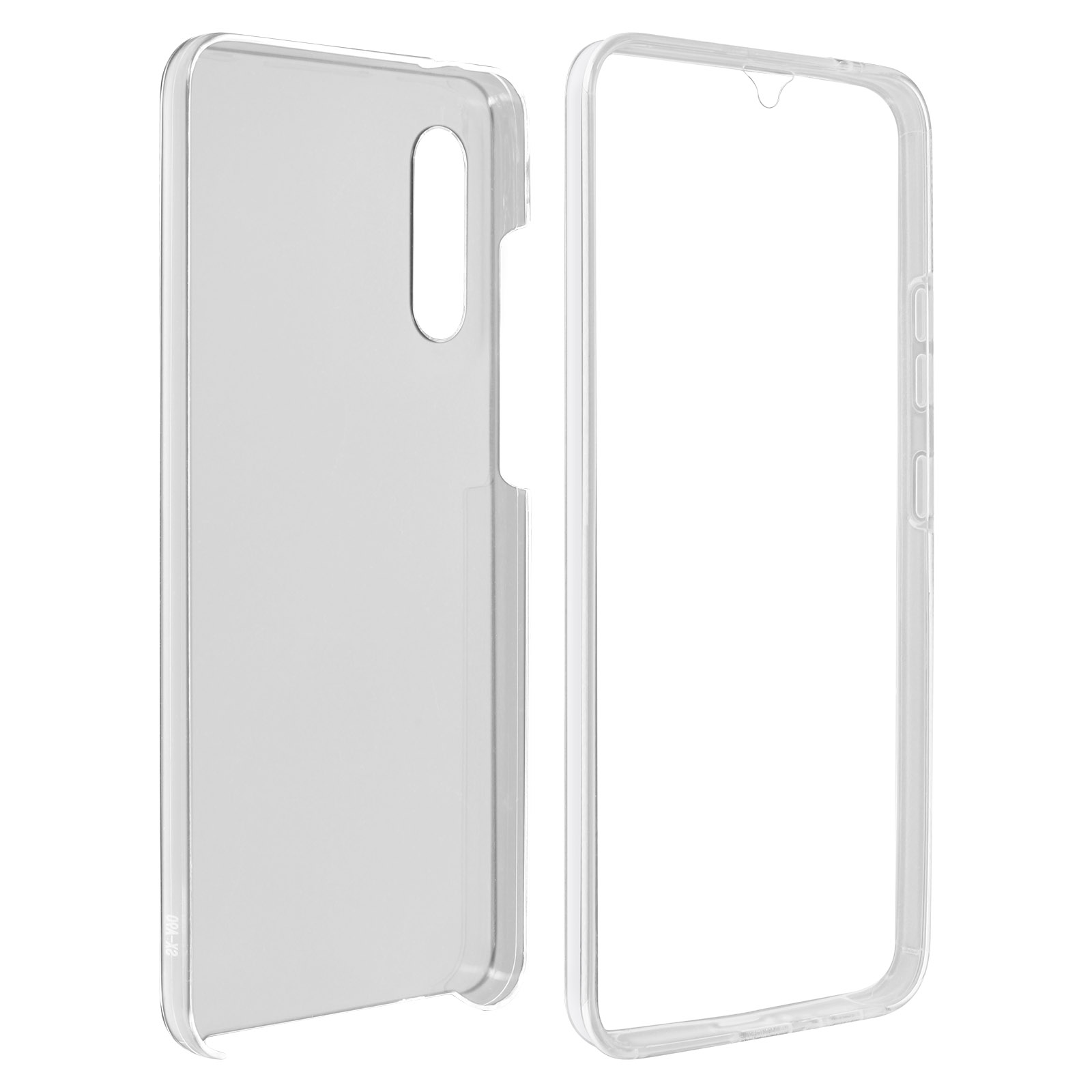 Custodia trasparente, due parti, con la forma del telefono visibile.