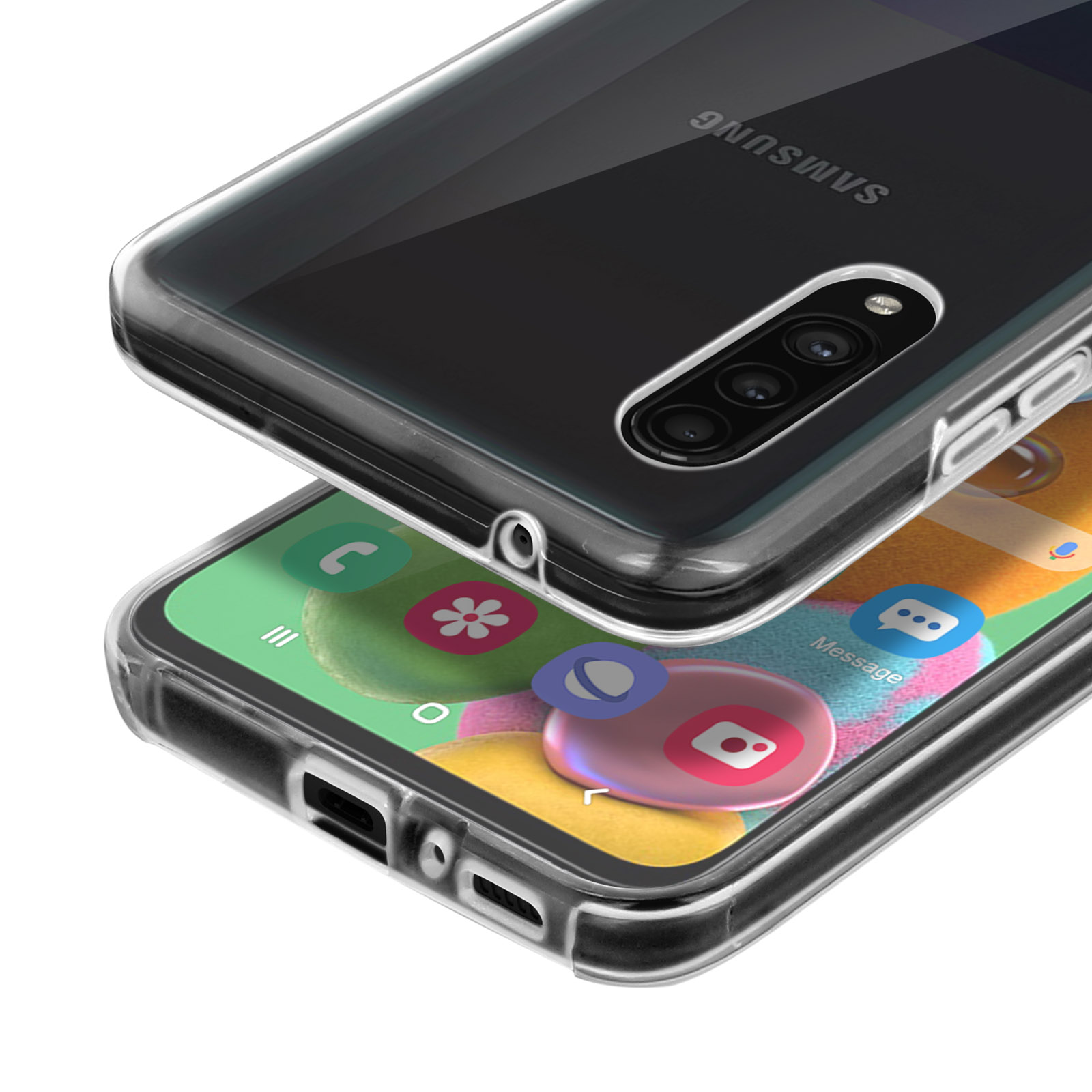 Telefono in una custodia trasparente. Icone sullo schermo. Sfondo bianco.