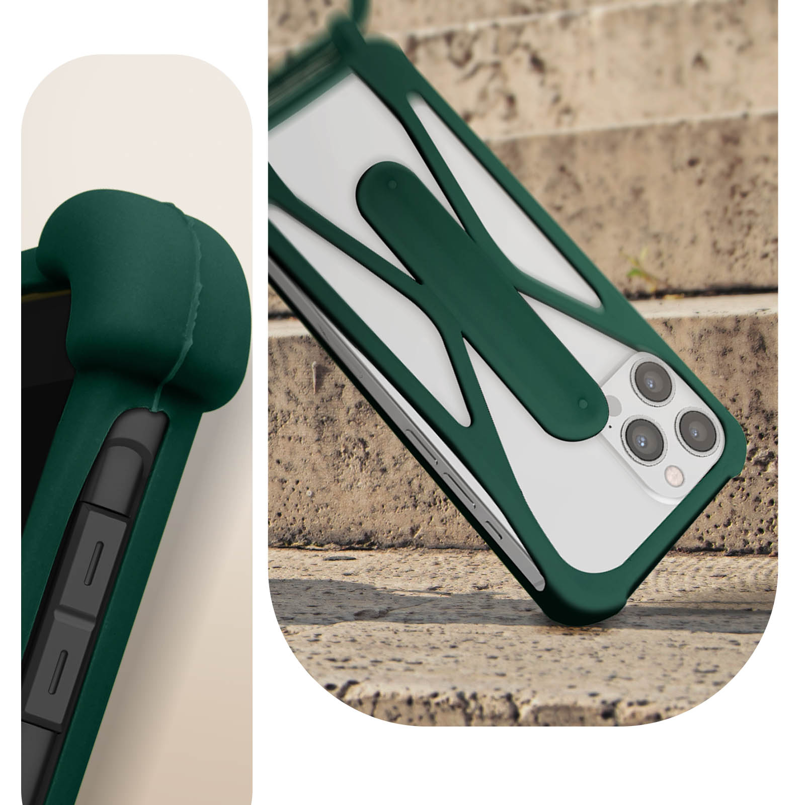 Een groene telefoonhoes met een doorzichtige achterkant, op een stenen oppervlak.