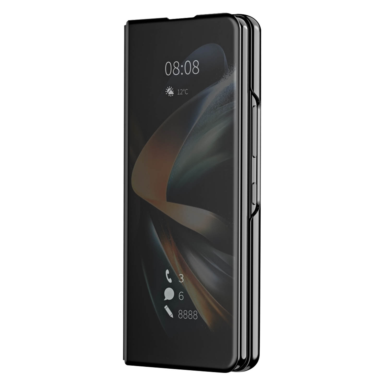 Smartphone nero con custodia chiusa che mostra ora e temperatura. Sfondo nero.