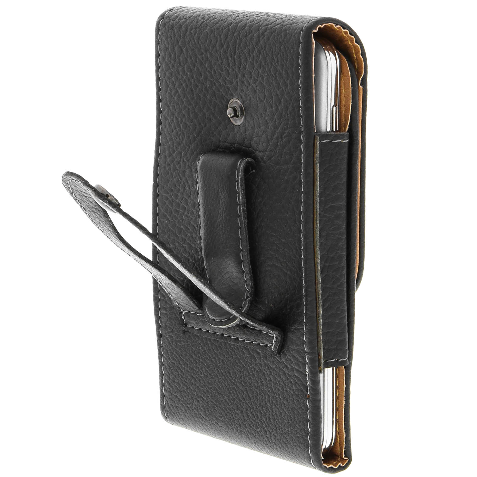 Custodia per telefono in pelle nera con clip da cintura e chiusura magnetica.