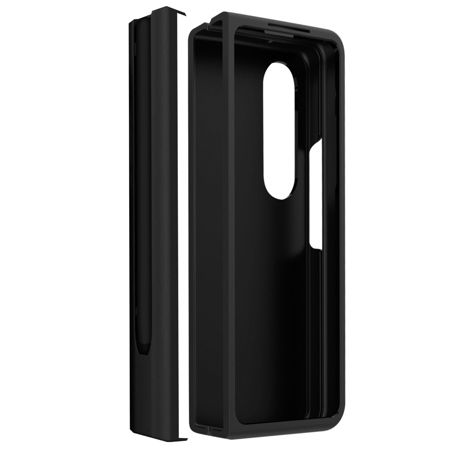 Pièces de coque de téléphone noir séparées, montrant l'intérieur de la coque.