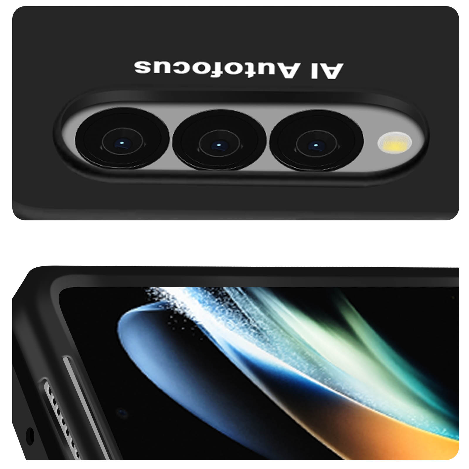 Vue rapprochée du panneau arrière d'un téléphone. Il dispose d'une configuration à triple caméra et des mots 'AI Autofocus'.