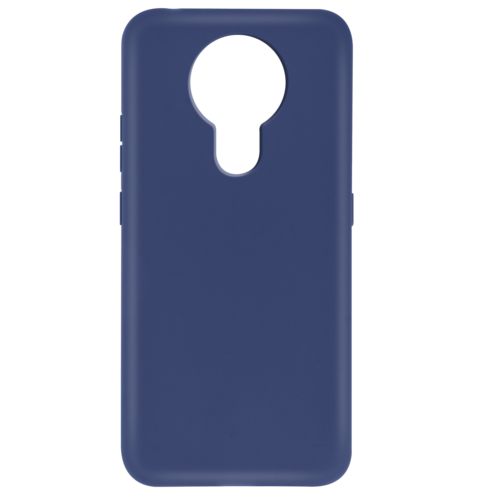 Custodia per telefono blu scuro con un ritaglio circolare per la fotocamera, su una superficie bianca.