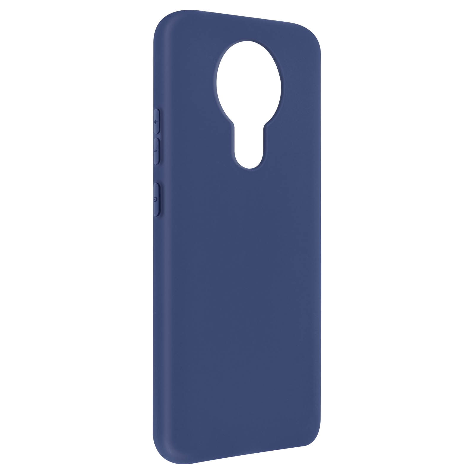 Custodia blu per telefono con foro per fotocamera e pulsanti, su sfondo bianco.