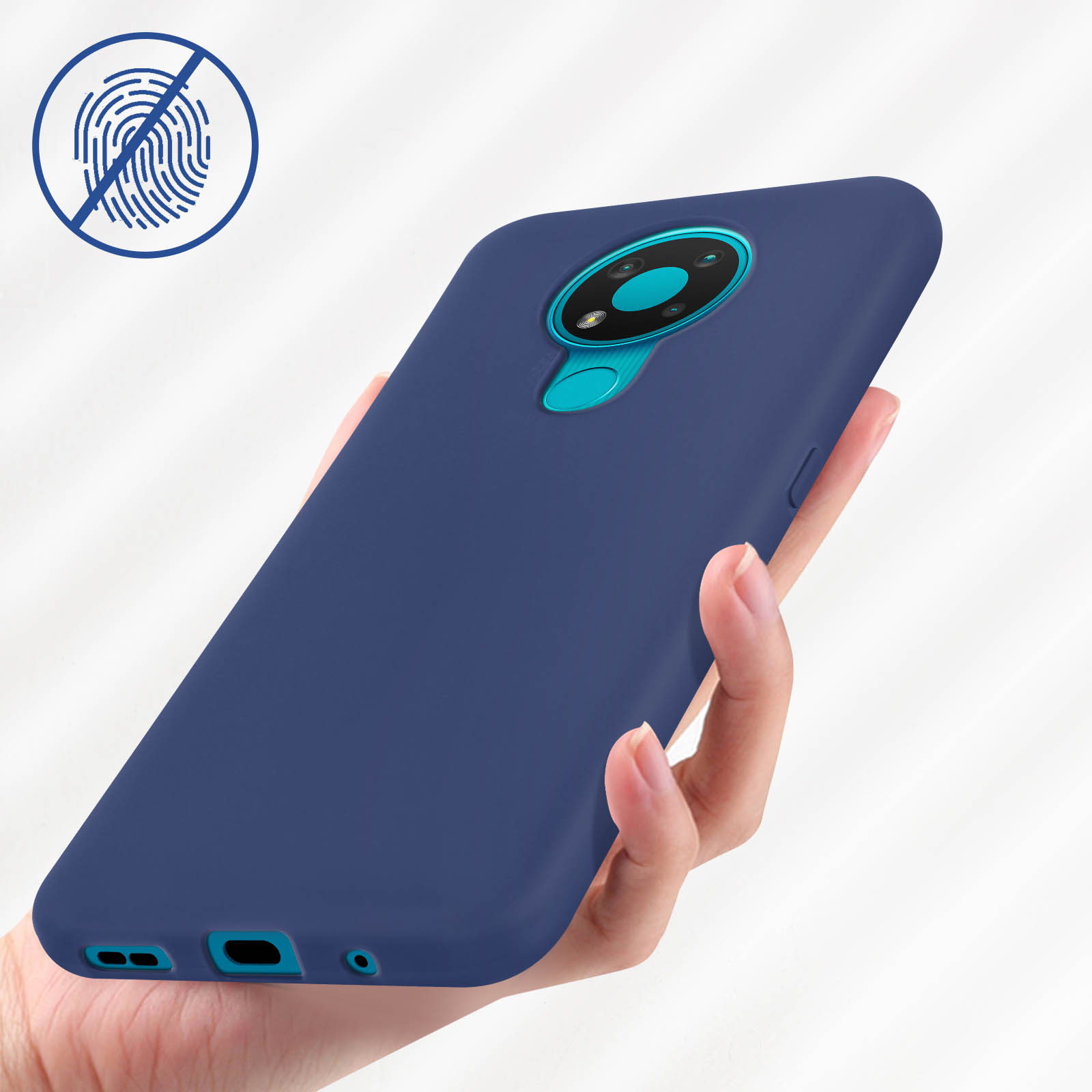 Una custodia per telefono blu navy tenuta in mano, con simbolo impronta.