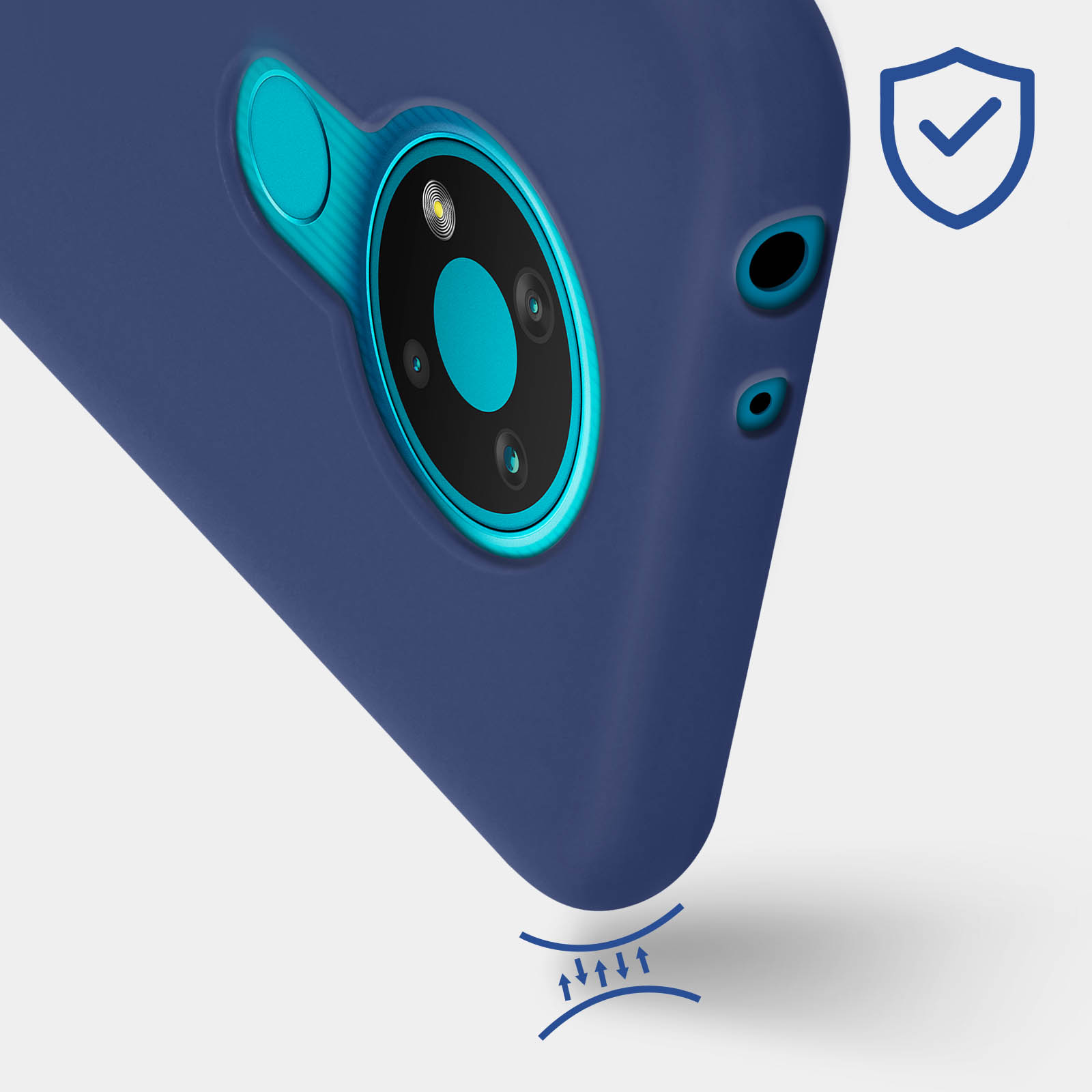 Primo piano di una custodia per telefono. La custodia è blu con anello fotocamera e scudo.