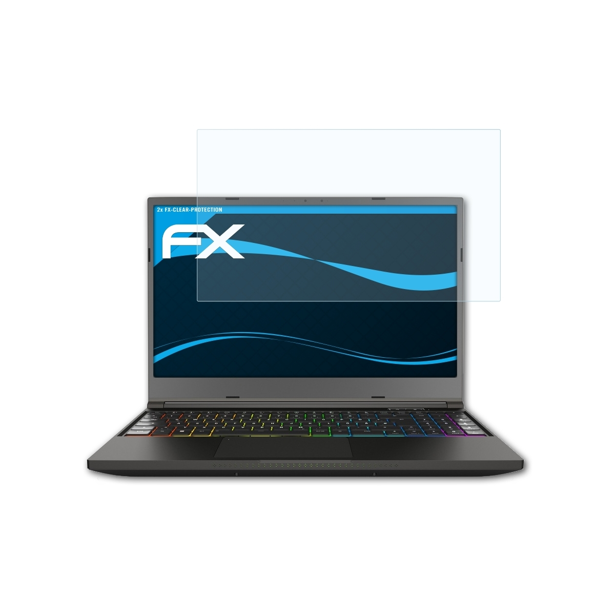 Ein Laptop mit angebrachter Bildschirmschutzfolie. Der Bildschirm zeigt die Tastatur des Laptops.