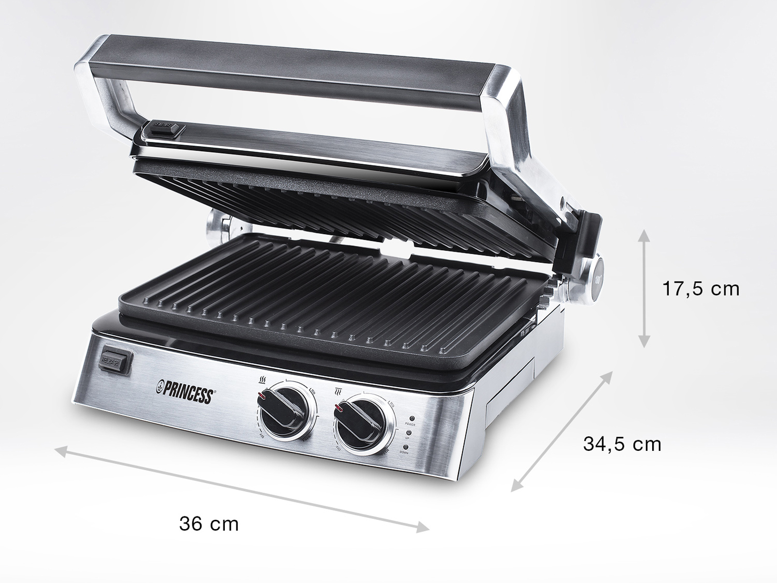 Edelstahl-Panini-Grill, geöffnet, zeigt die Grillplatte. Abmessungen sind angegeben.