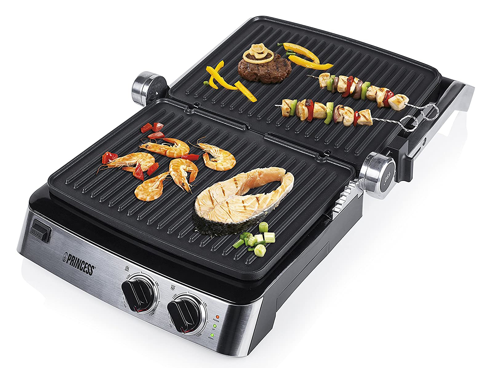 Elektrischer Grill, auf dem verschiedene Lebensmittel gegrillt werden, darunter Garnelen und Gemüse.