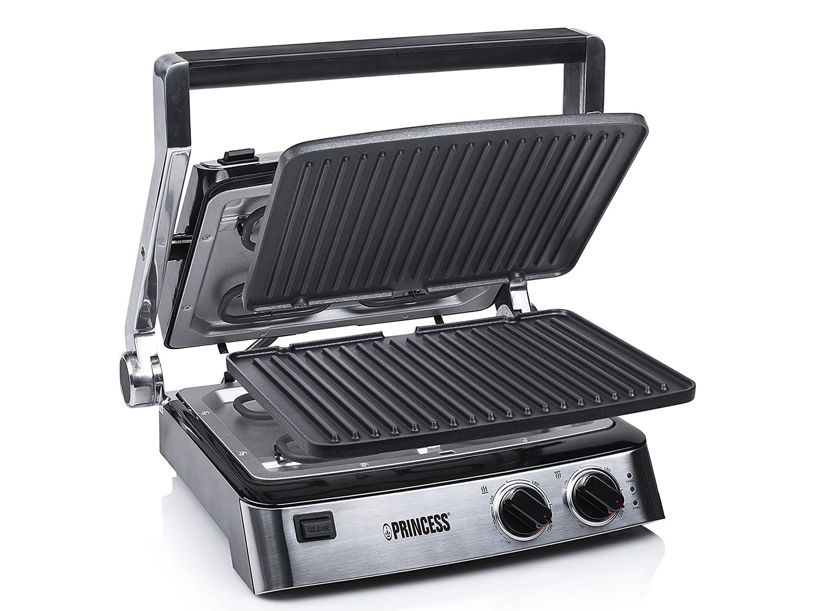 Eine geöffnete silberne und schwarze Panini-Presse mit Grillplatten.