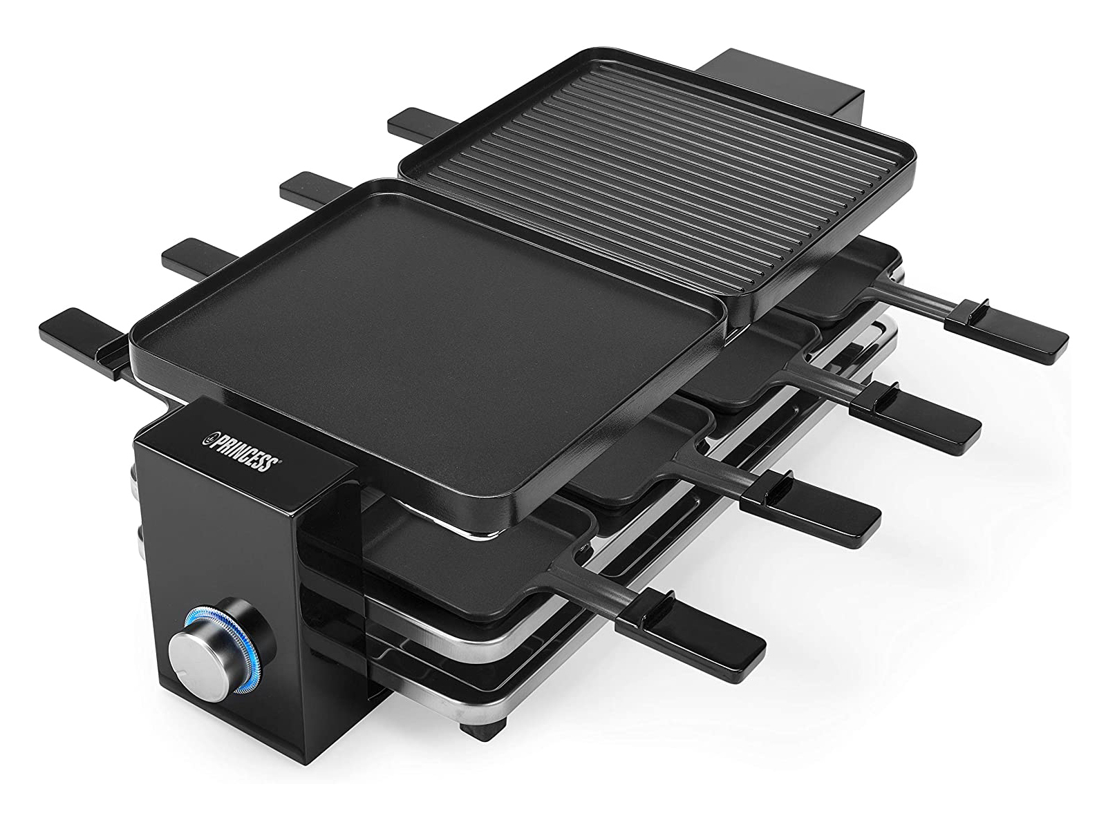 Czarny grill do raclette z wieloma powierzchniami do gotowania.