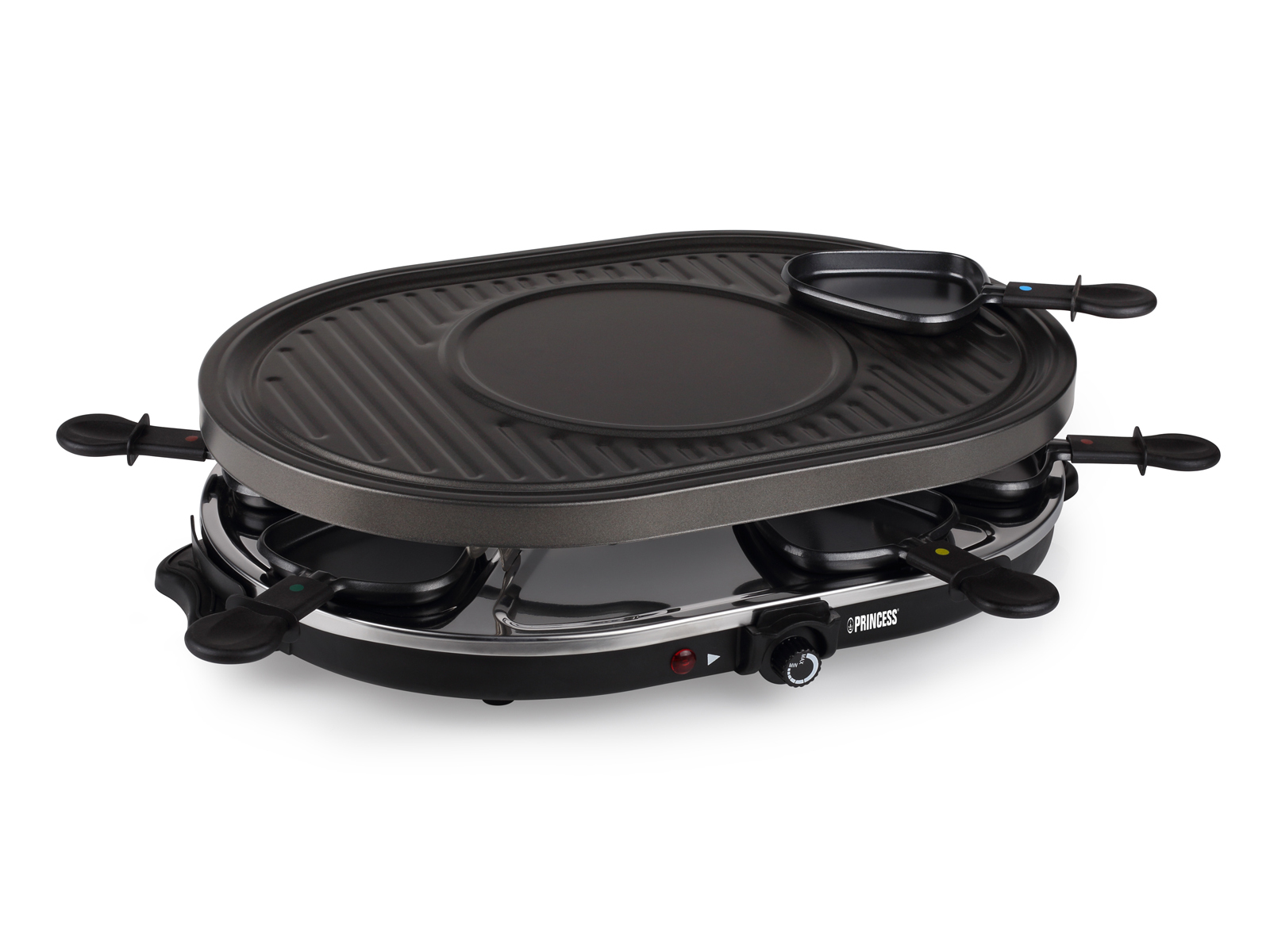 Grill do raclette z patelniami i powierzchnią do gotowania, gotowy do użycia.