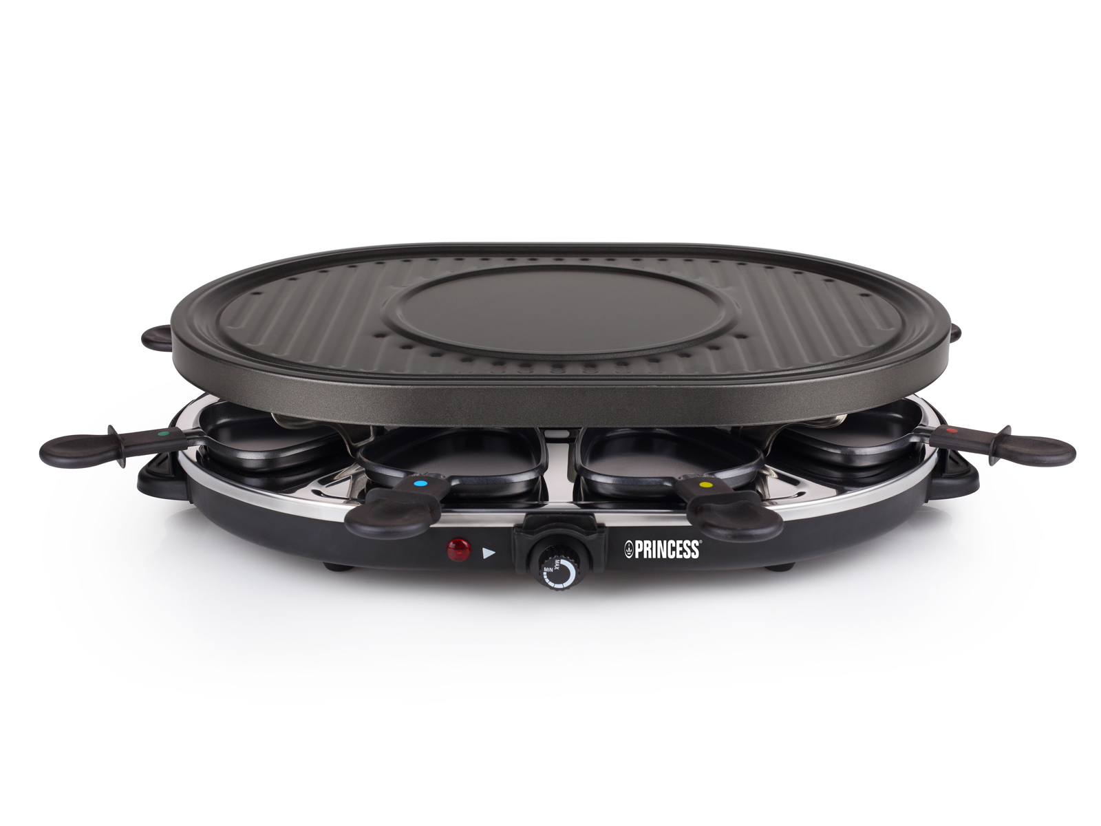 Grill do raclette z czarną powierzchnią do gotowania i indywidualnymi patelniami poniżej. Widoczna marka Princess.