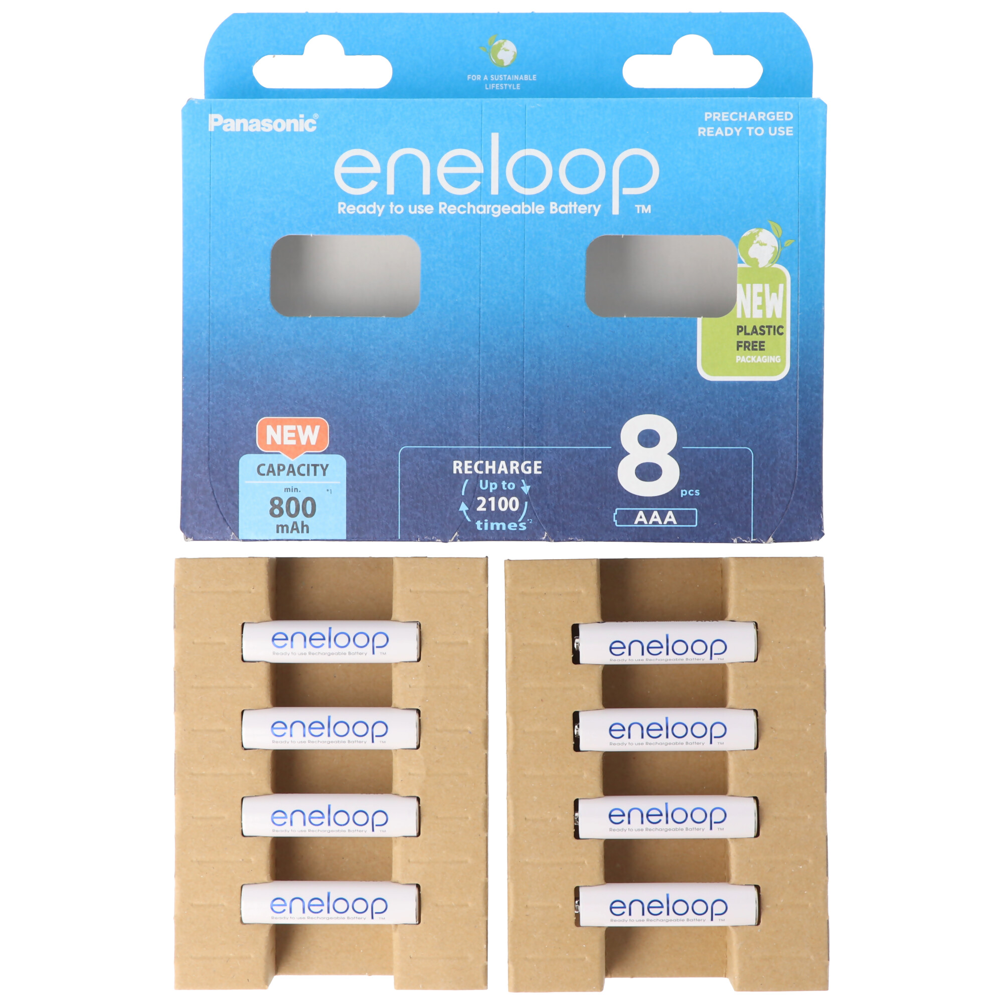 Eine Packung wiederaufladbarer eneloop-Batterien. Die Verpackung ist blau, mit 8 AAA-Batterien.
