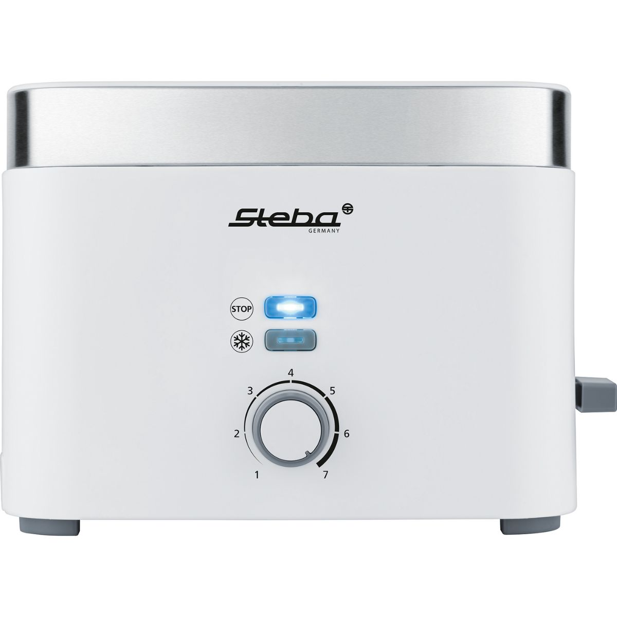 Weißer Toaster mit silbernem Oberteil. Er hat Knöpfe für Stopp, Auftauen und Stufeneinstellungen.