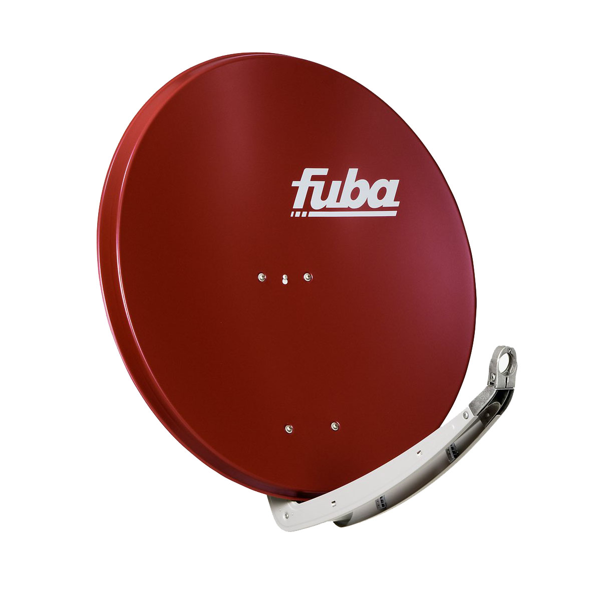 Eine rote Fuba-Satellitenschüssel mit weißem Fuba-Logo vor weißem Hintergrund.