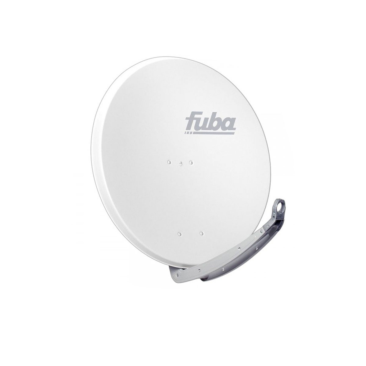 Eine weiße Satellitenschüssel mit dem Logo "fuba". Es ist auf weißem Hintergrund.