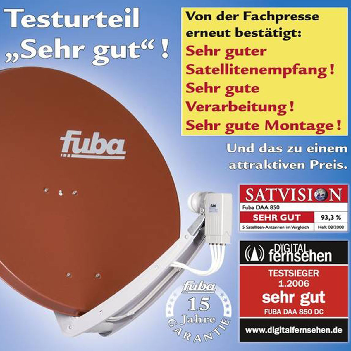 Satellitenschüssel mit Text und Logos. Es zeigt Bewertungen wie 'Sehr gut' und 'SATVISION'.