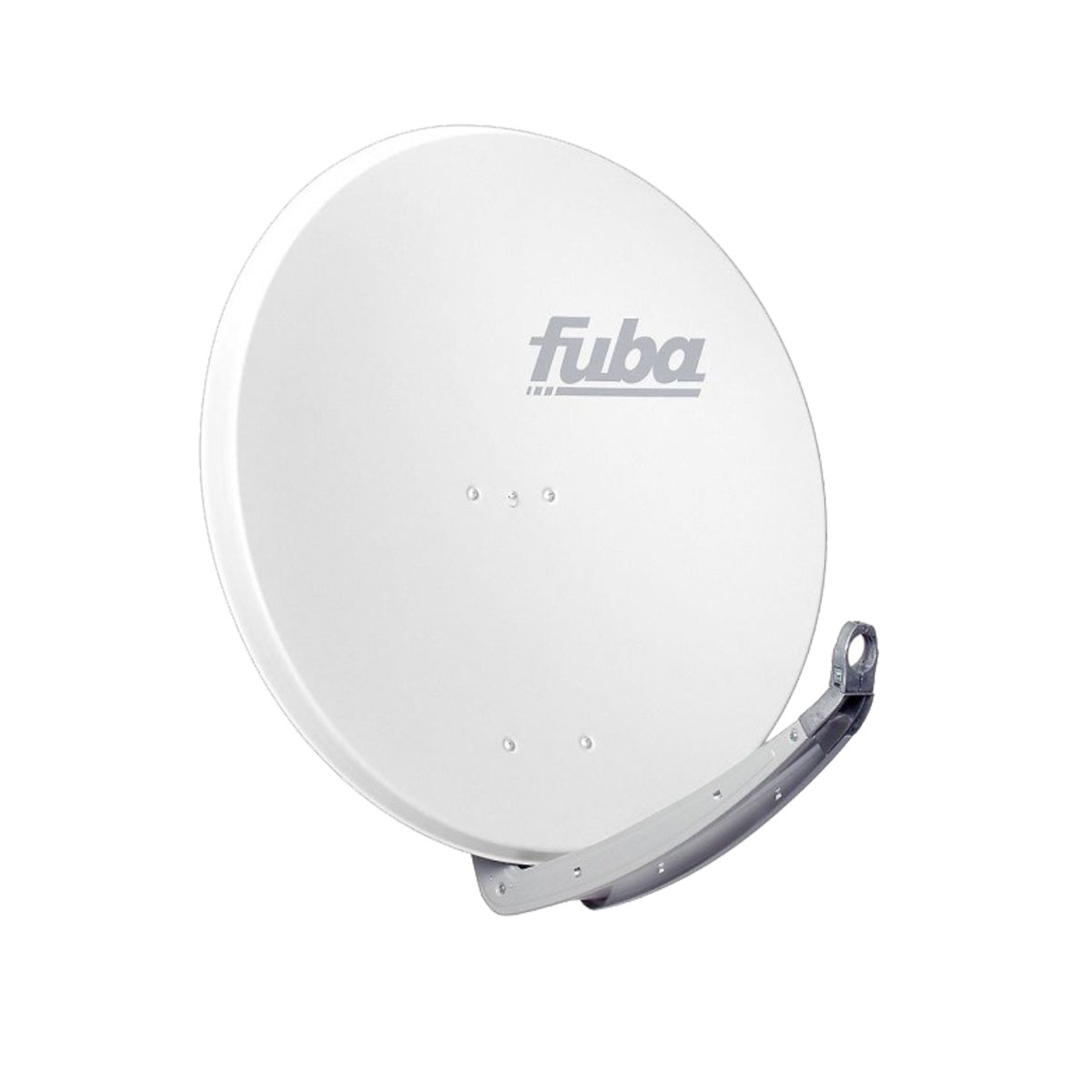 Weiße Satellitenschüssel mit grauem Arm. Auf der Schüssel steht das Wort "fuba".