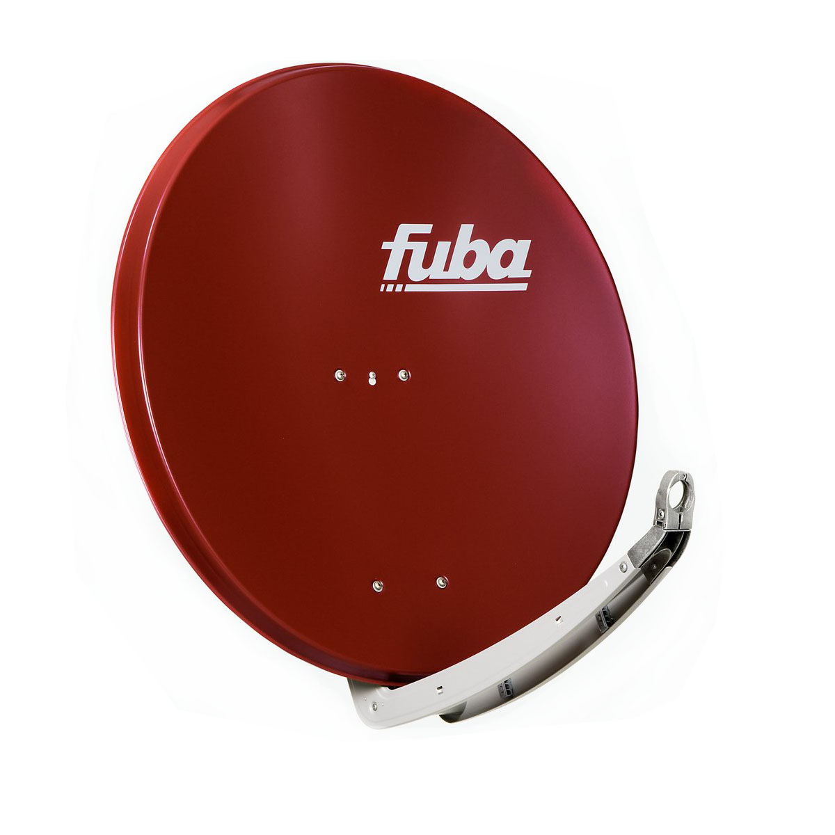 Eine rote Satellitenschüssel mit dem 'fuba'-Logo, montiert auf einem weißen Halter.